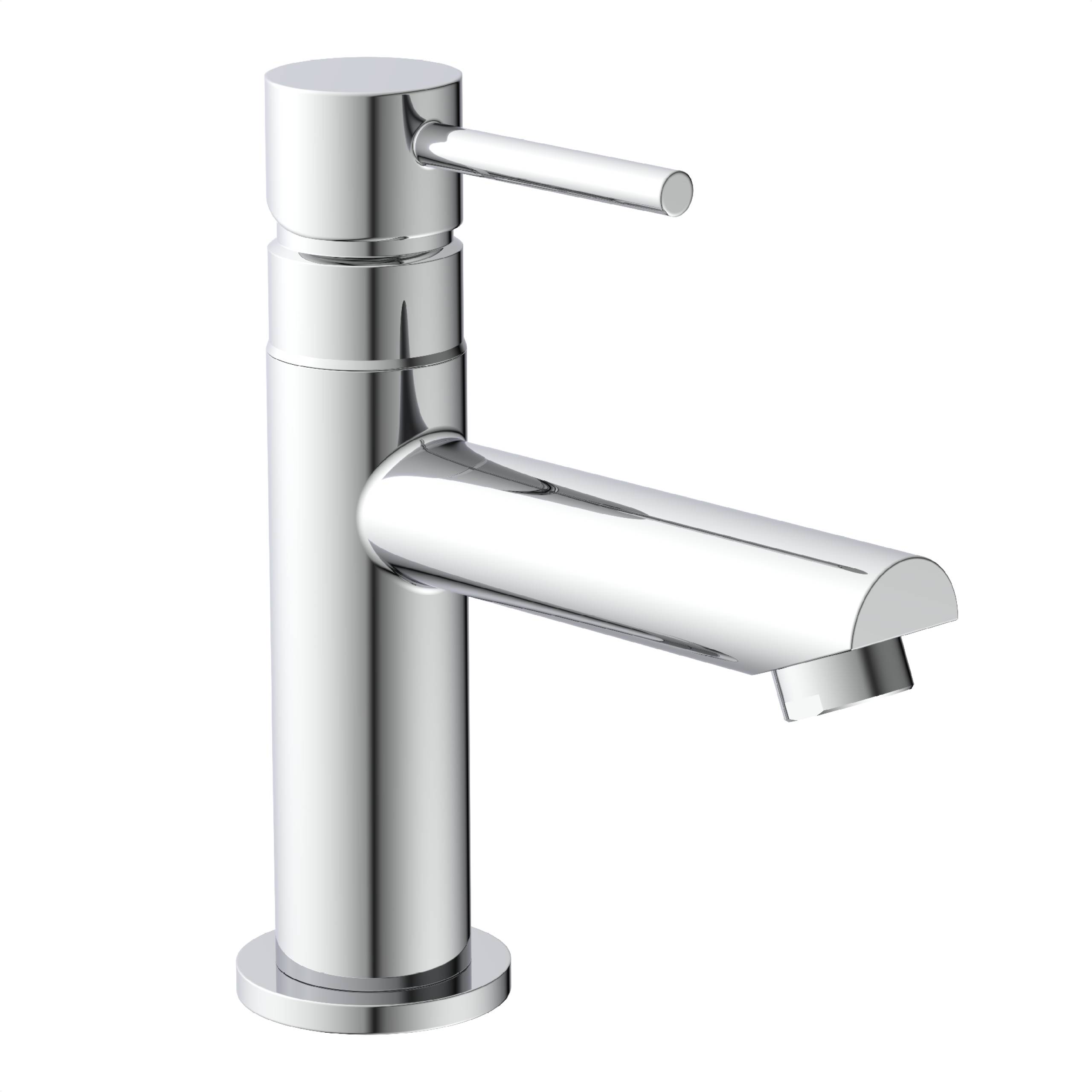 Ein schlanker, moderner Badezimmerhahn aus Chrom mit einem einzelnen Hebel und einem zylindrischen Design.