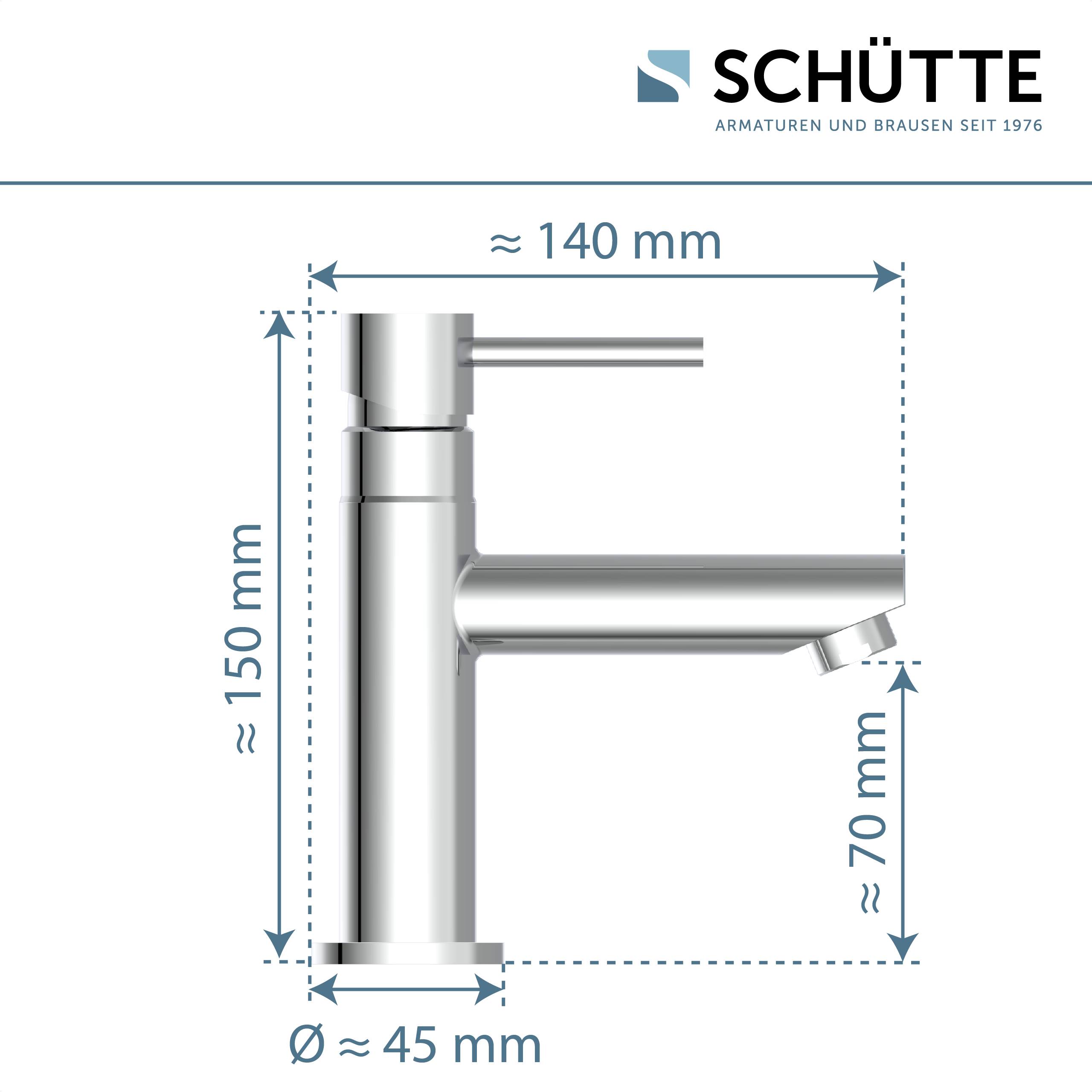 Ein Diagramm eines Schütte-Wasserhahns mit Maßangaben: Höhe 150 mm, Ausladung 140 mm, Auslaufhöhe 70 mm, Basisdurchmesser 45 mm.
