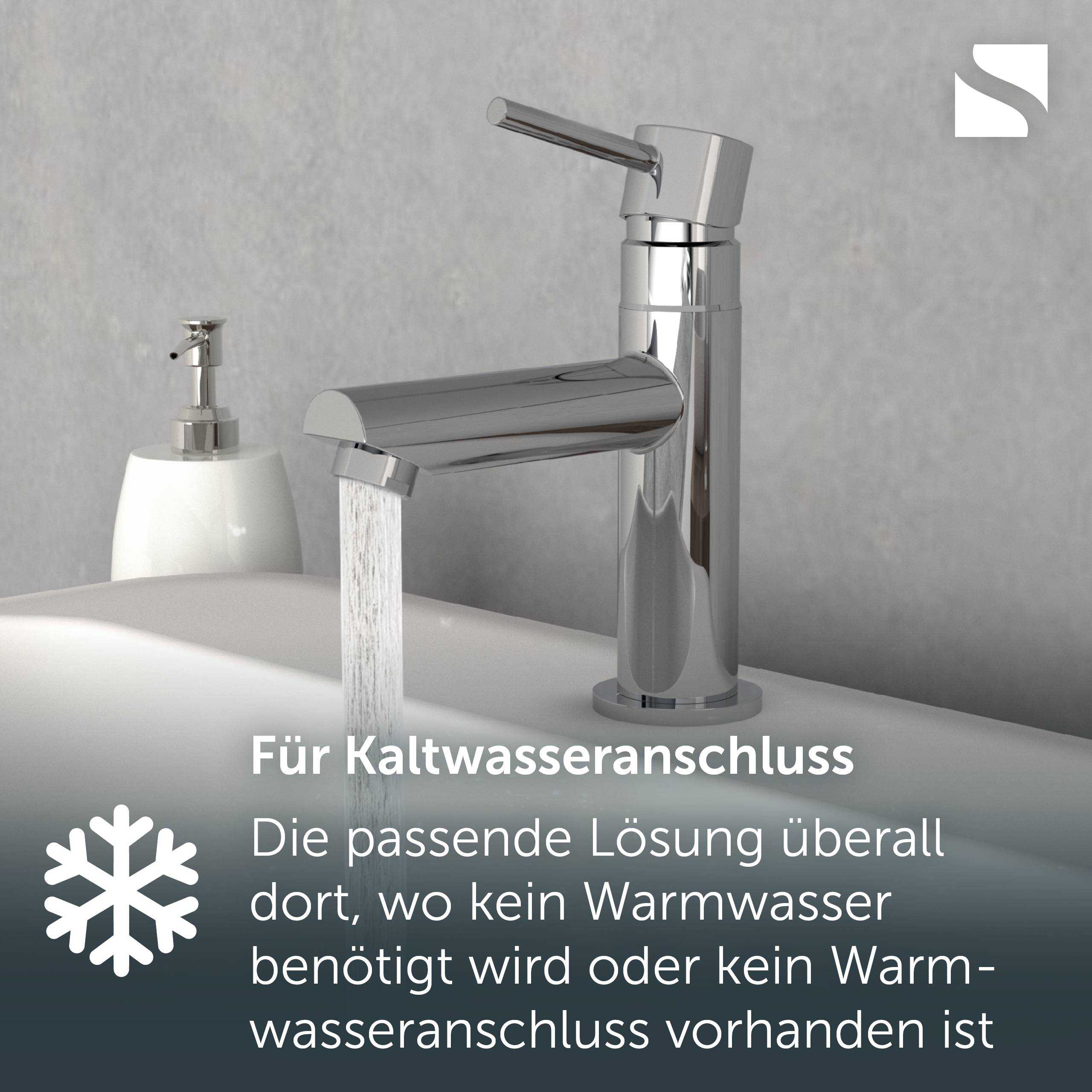 Chrom-Badezimmerhahn mit fließendem Wasser, beschriftet mit „Für Kaltwasseranschluss" und zeigt eine Nur-Kaltwasser-Lösung an.