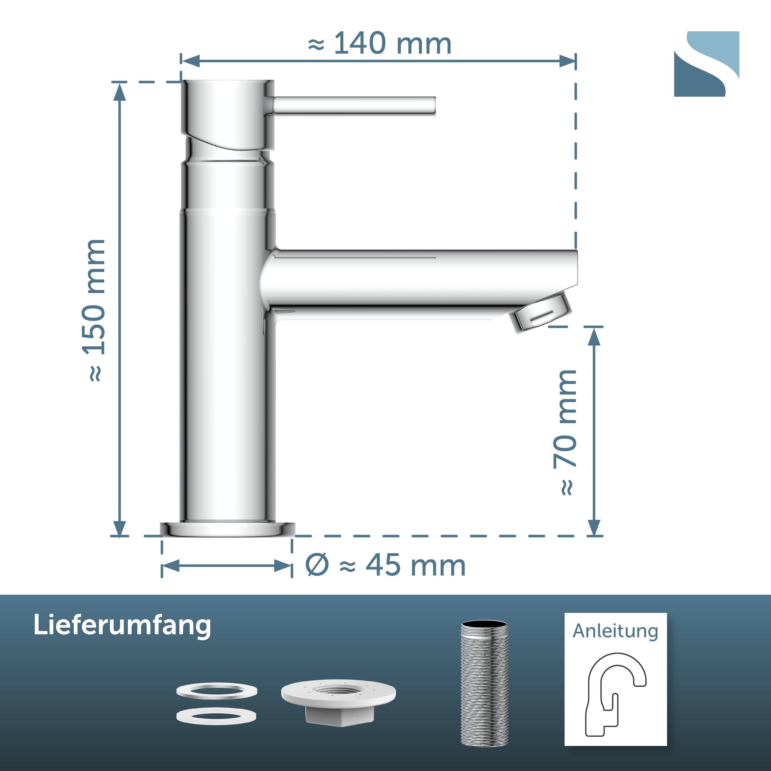 Edelstahlarmatur mit angegebenen Abmessungen: etwa 150 mm Höhe, 140 mm Breite, 70 mm Auslaufhöhe und 45 mm Basisdurchmesser; einschließlich Zubehör und Bedienungsanleitung.