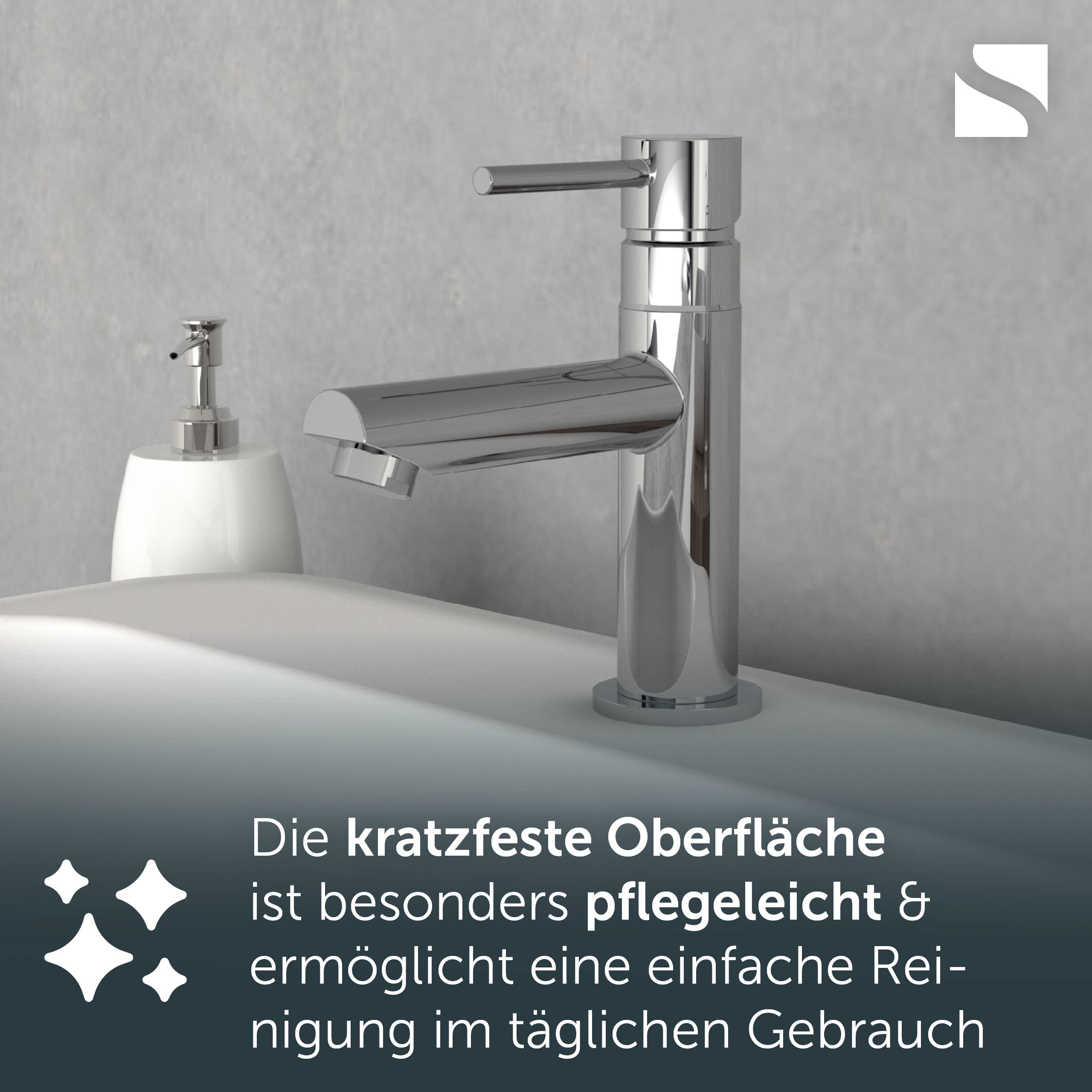 Chrom-Badezimmermischer mit Seifenspender; deutscher Text besagt, dass die kratzfeste Oberfläche besonders pflegeleicht und im täglichen Gebrauch leicht zu reinigen ist.