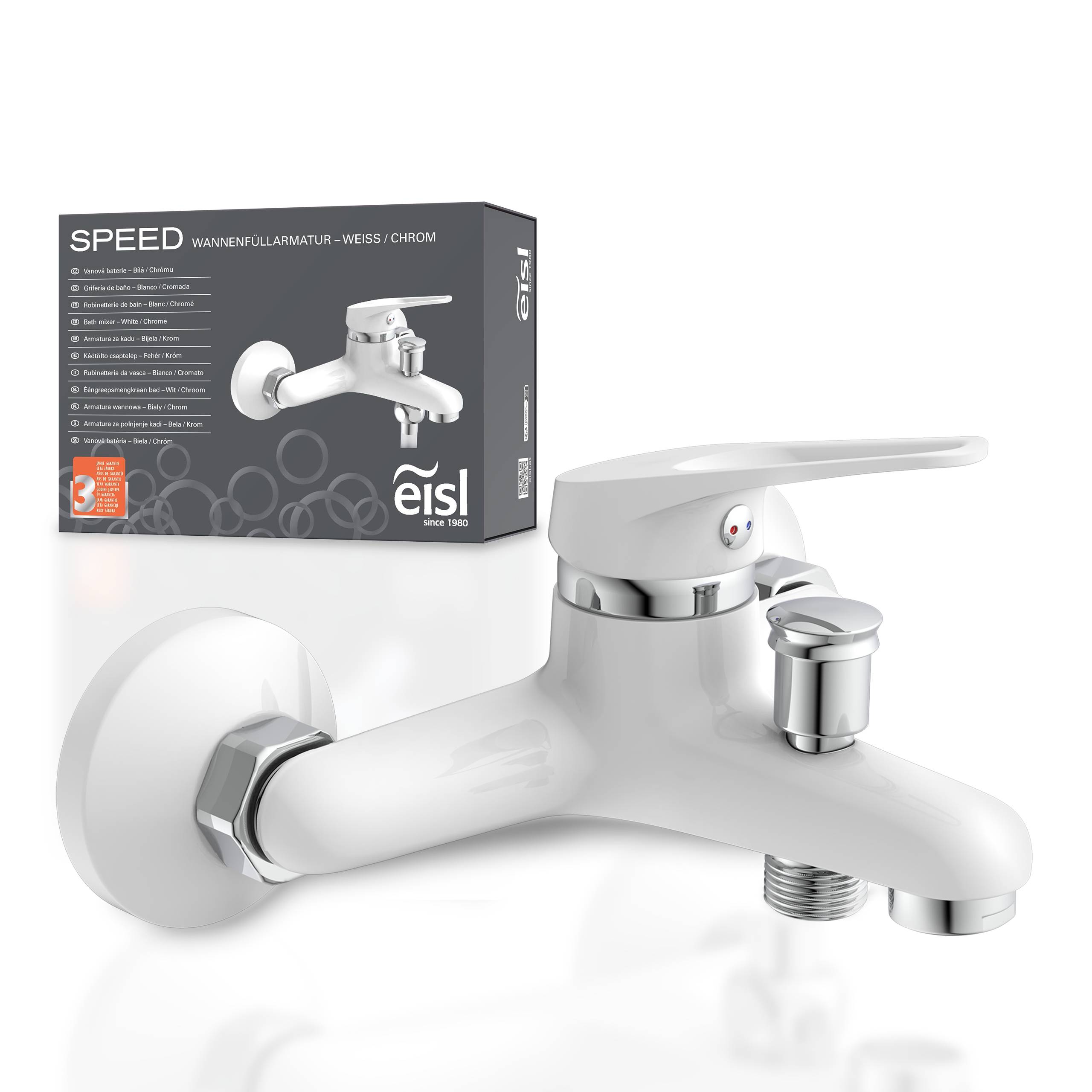 An der Wand montierter weißer Badewannenhahn, dargestellt mit seiner Verpackung im Hintergrund, auf der die Marke „Eisl
