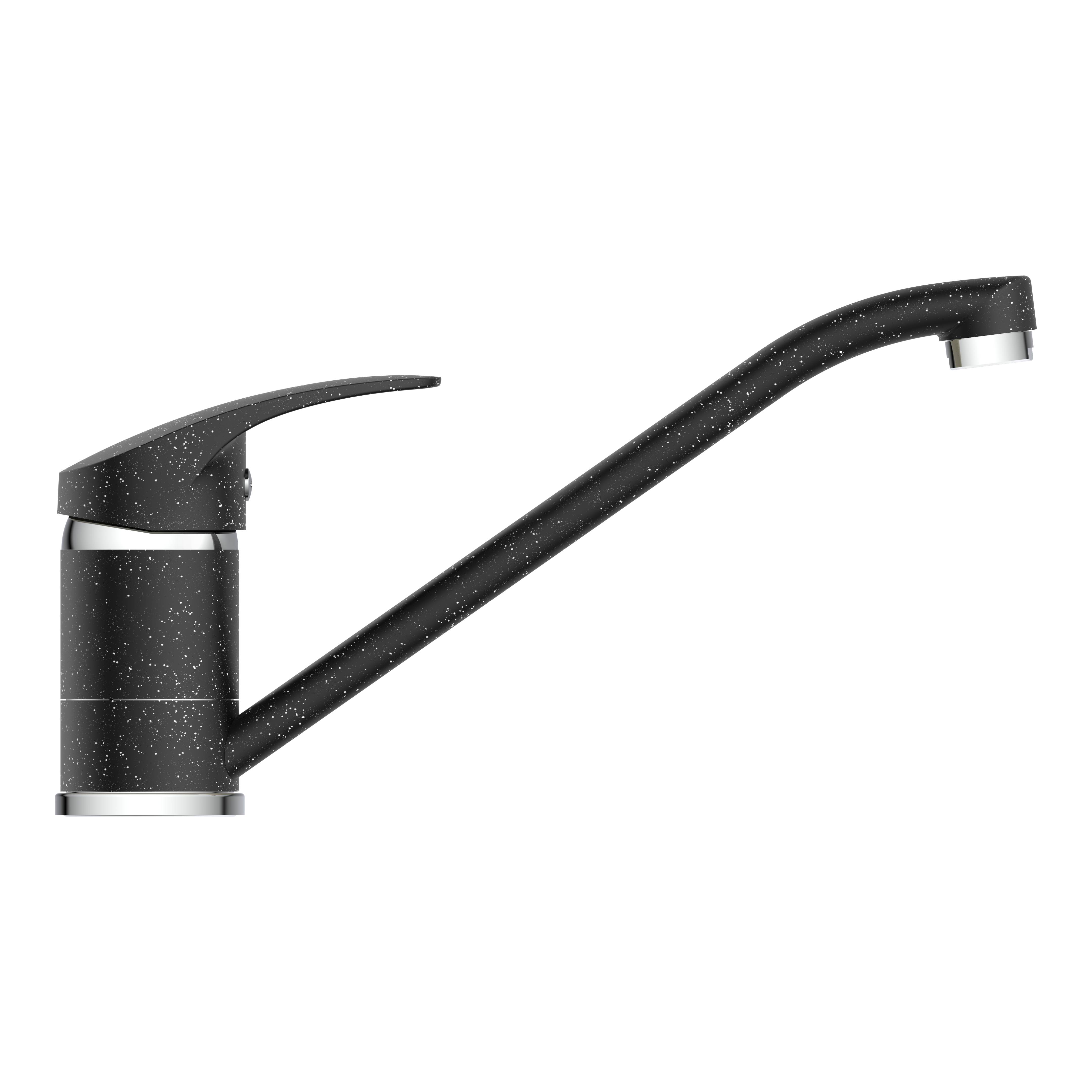 Ein schlanker schwarzer Küchenhahn mit geschwungenem Auslauf und einem einzelnen Hebel vor einem schlichten schwarzen Hintergrund.