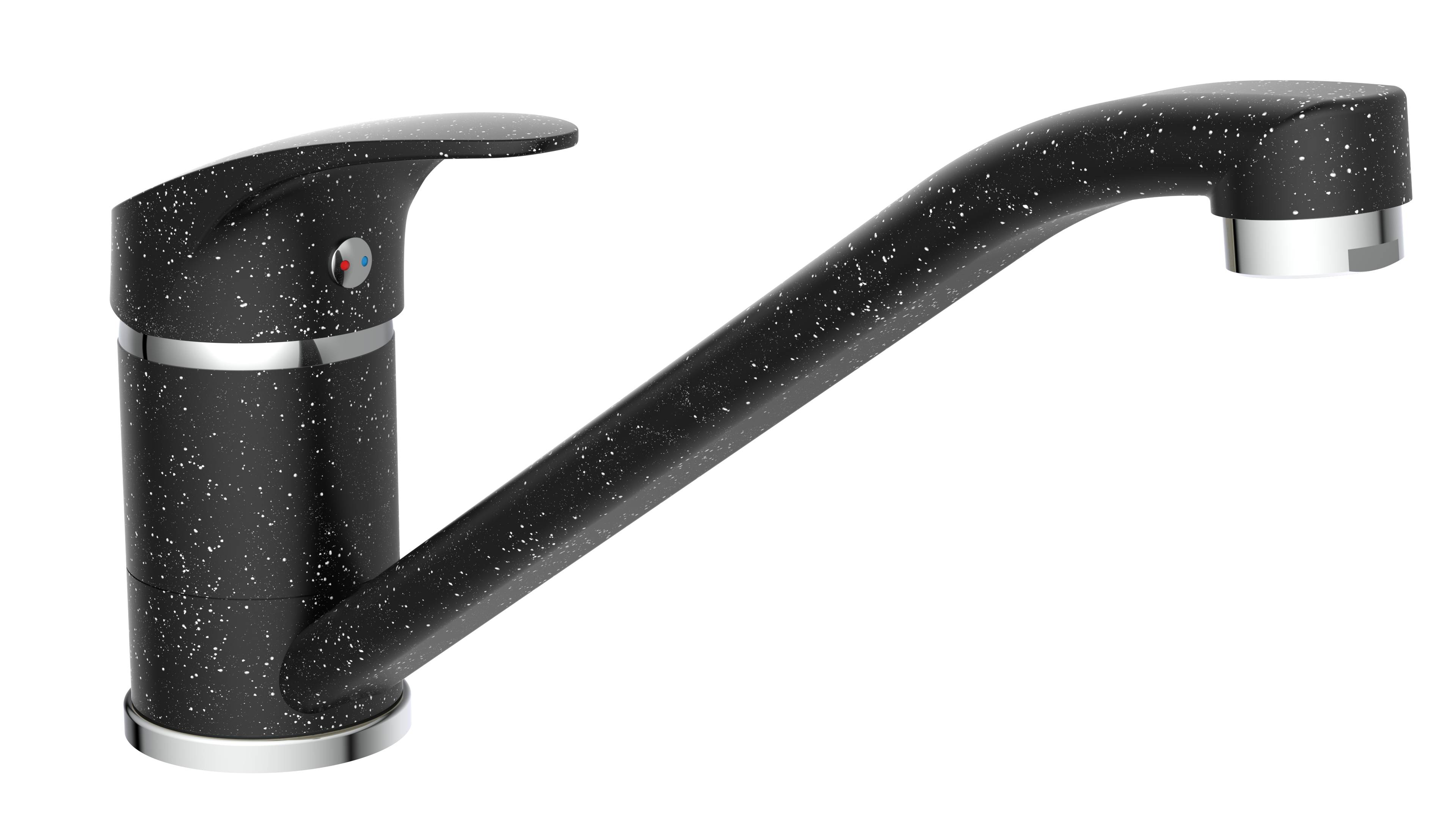 Ein schwarzer gefleckter Küchenhahn mit einem seitlichen Hebel und einem sichtbaren Warm- und Kaltwasseranzeiger am Knauf, vor einem schlichten Hintergrund.