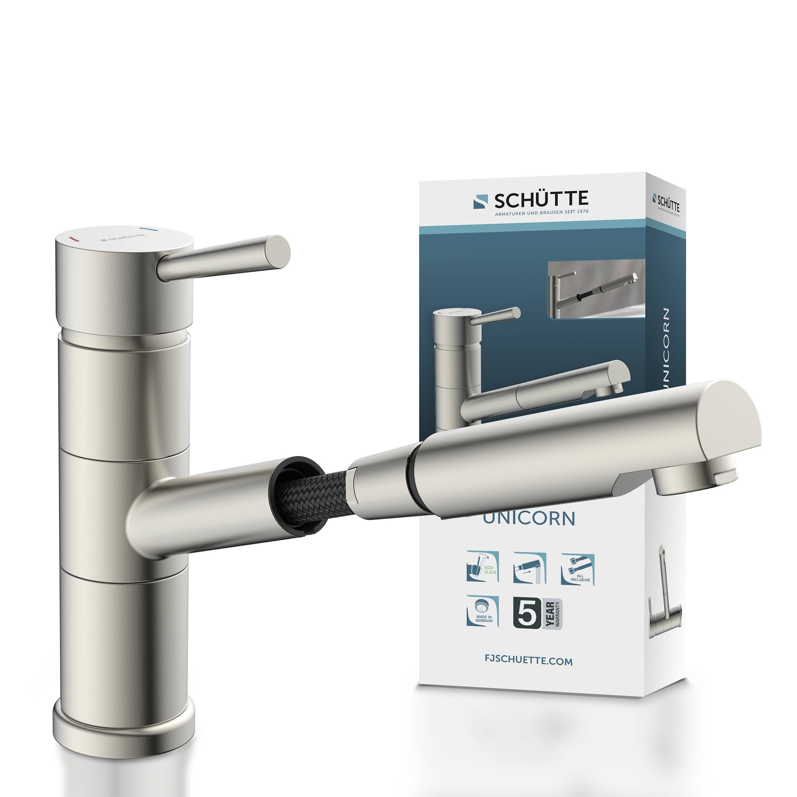 Eleganter silberner Küchenarmatur mit ausziehbarer Funktion, zusammen mit ihrer Originalverpackung präsentiert, mit dem Label „Unicorn