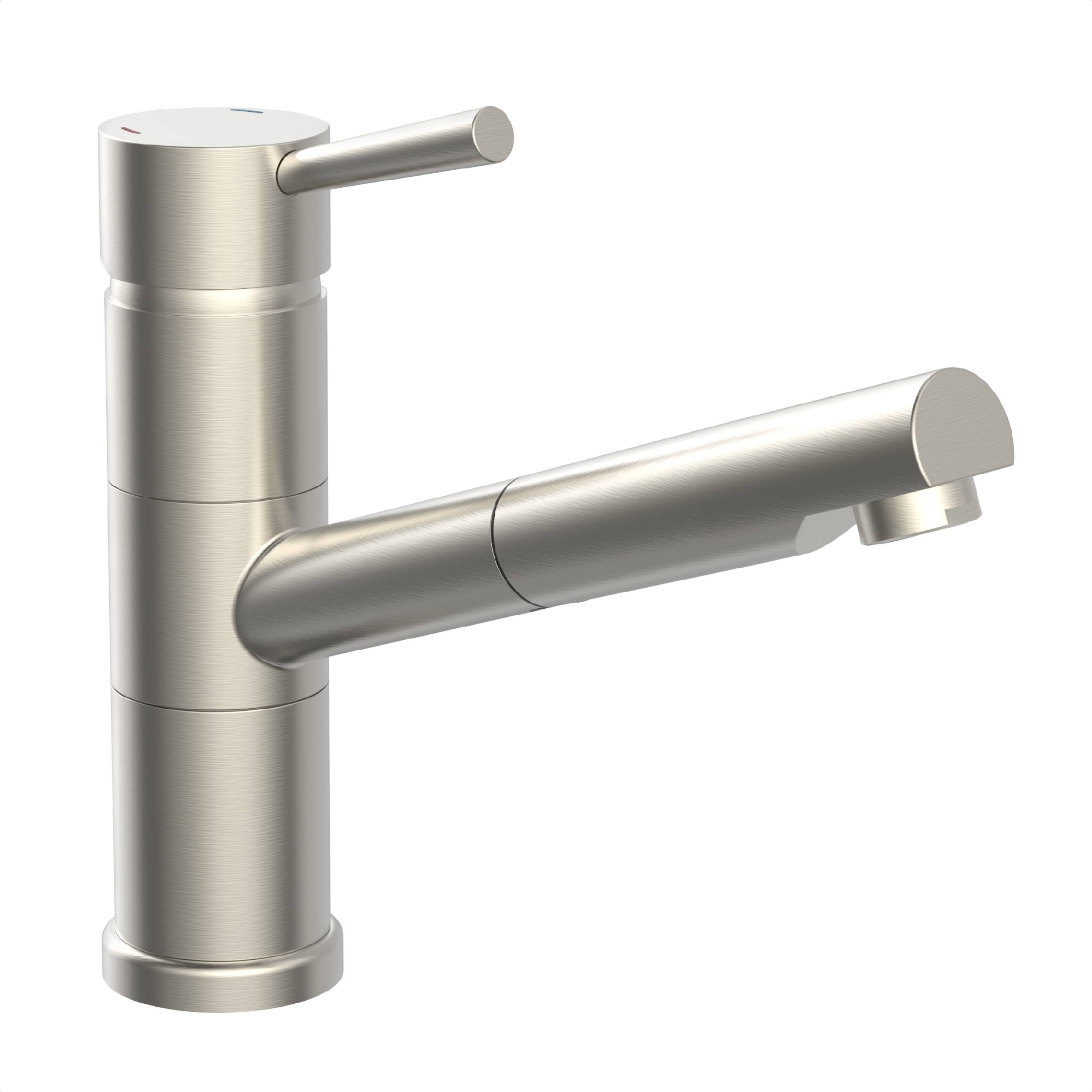 Ein schlanker, metallischer Wasserhahn mit zylindrischer Basis und horizontalem Griff, entworfen für moderne Kücheneinrichtungen.