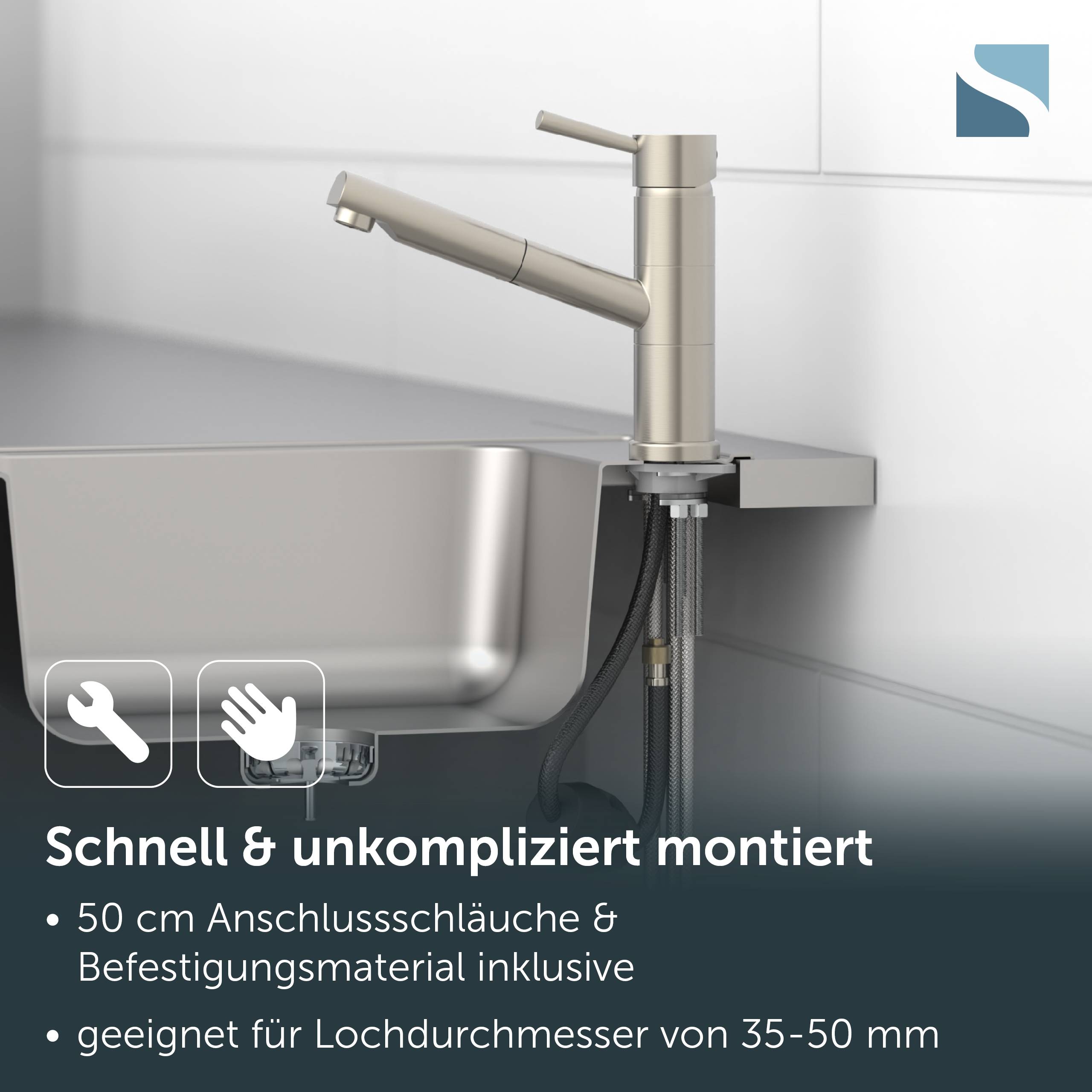 Produktanzeige zeigt einen modernen Wasserhahn, der auf einem Waschbecken installiert ist, mit deutschem Text: „Schnell & unkompliziert montiert", 50 cm Schläuche enthalten, für Lochätze mit Durchmessern von 35-50 mm.