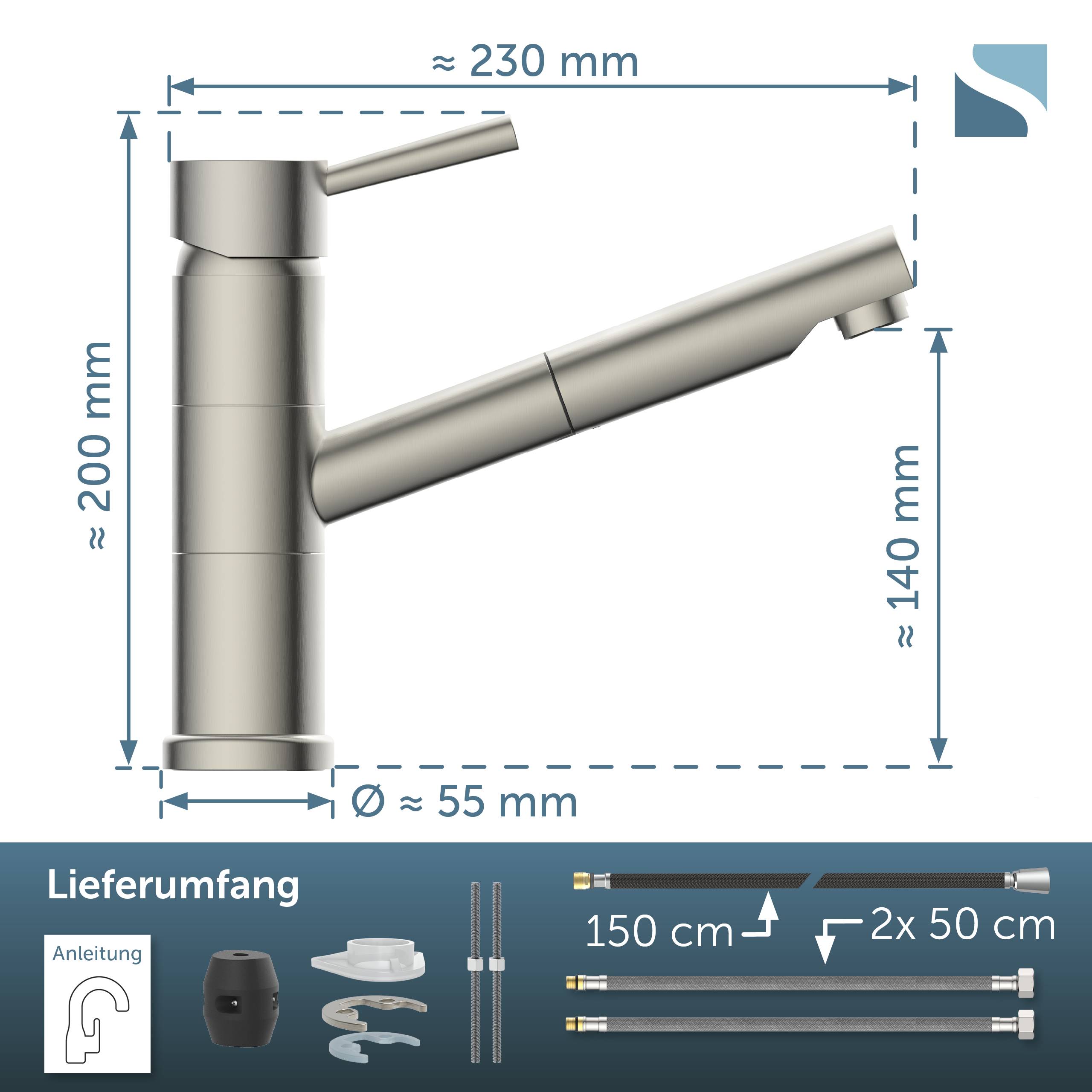 Technisches Produktdiagramm eines Küchenhahns mit Abmessungen: etwa 230 mm breit, 200 mm hoch, Auslaufhöhe etwa 140 mm, Durchmesser etwa 55 mm; enthält unterhalb Lieferumfang.