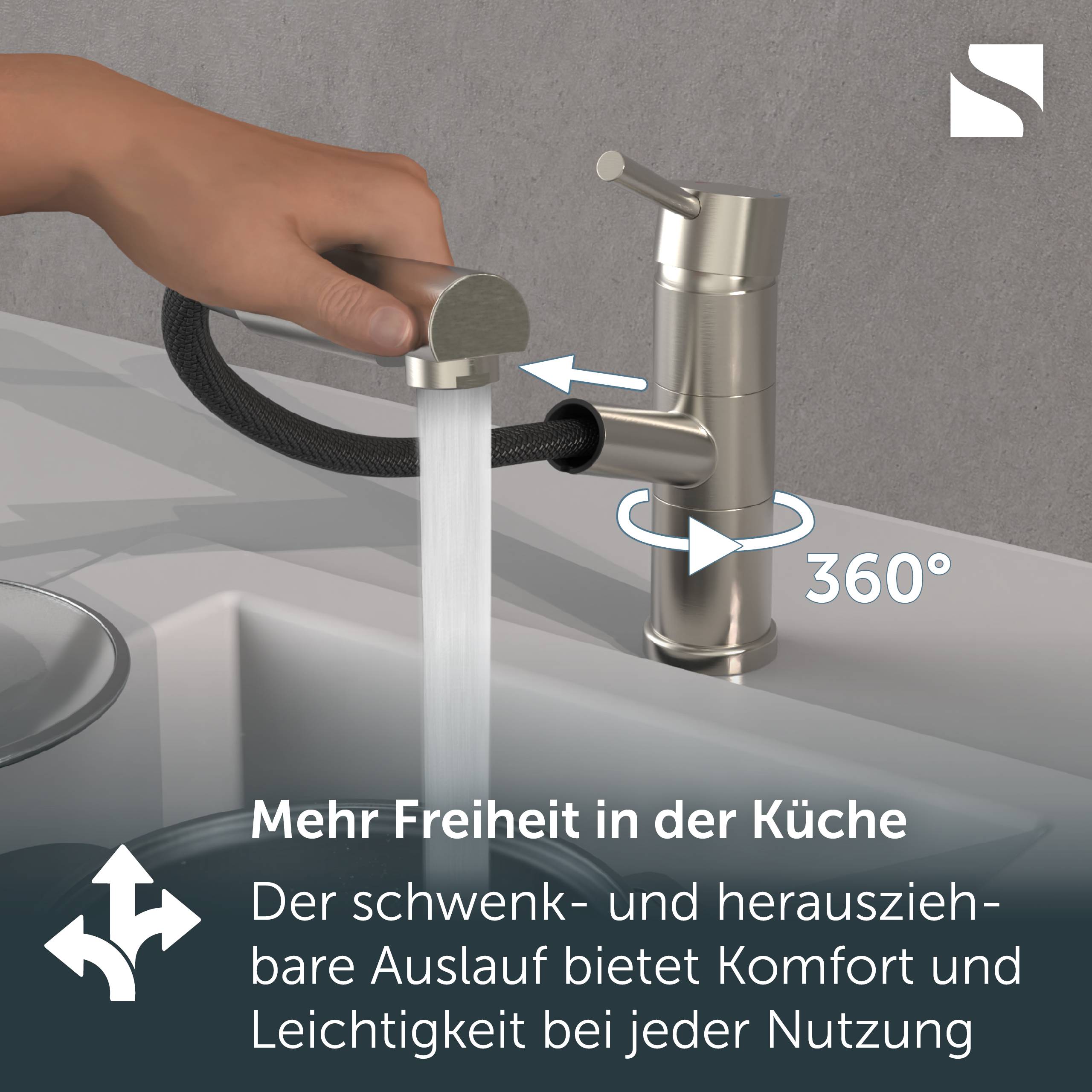 Küchenarmatur mit ausziehbarem, schwenkbarem Auslauf, der Wasser sprüht; Text sagt „Mehr Freiheit in der Küche" und beschreibt Komfort und Flexibilität.