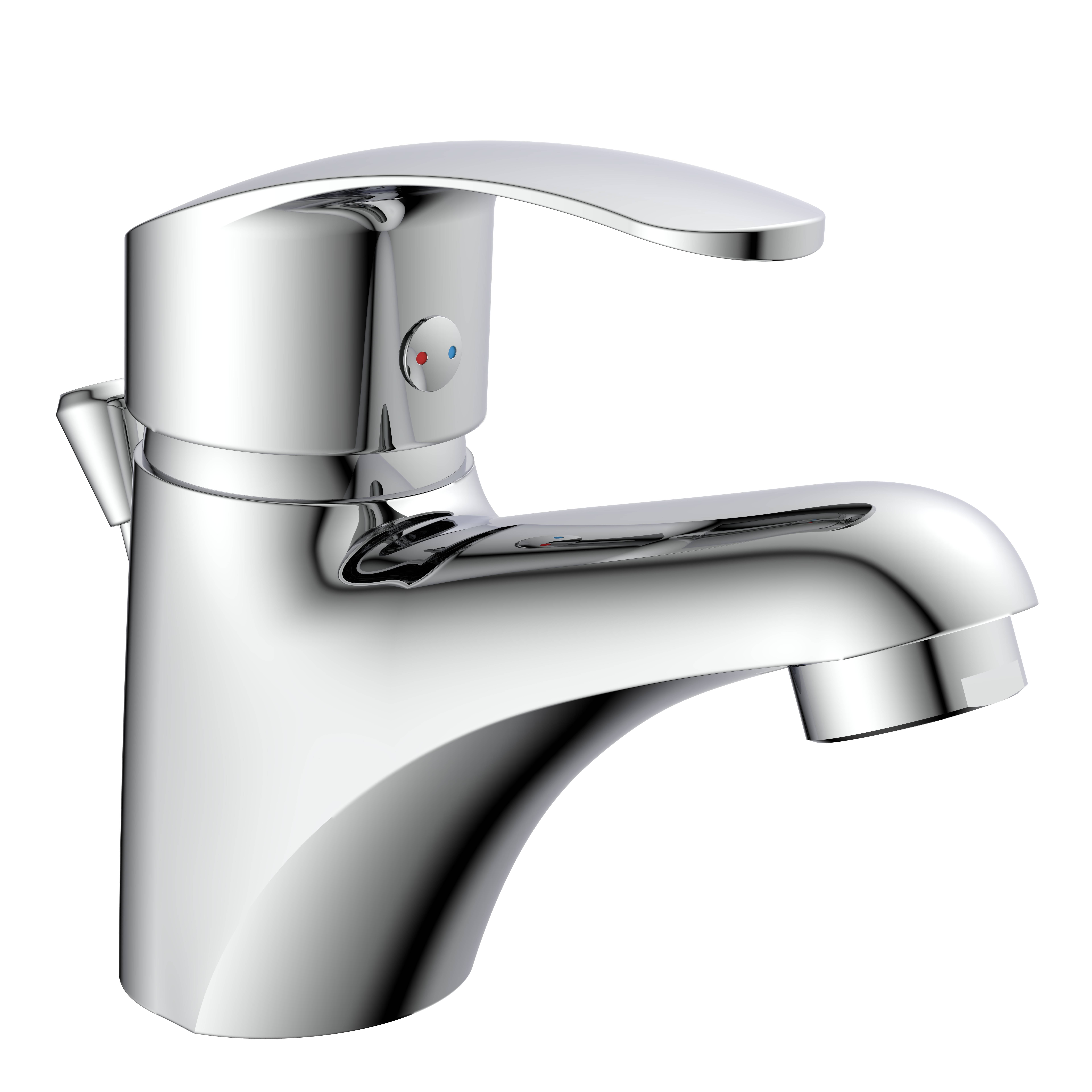 Chrom-Badezimmerwasserhahn mit einfachem Hebel auf schwarzem Hintergrund.