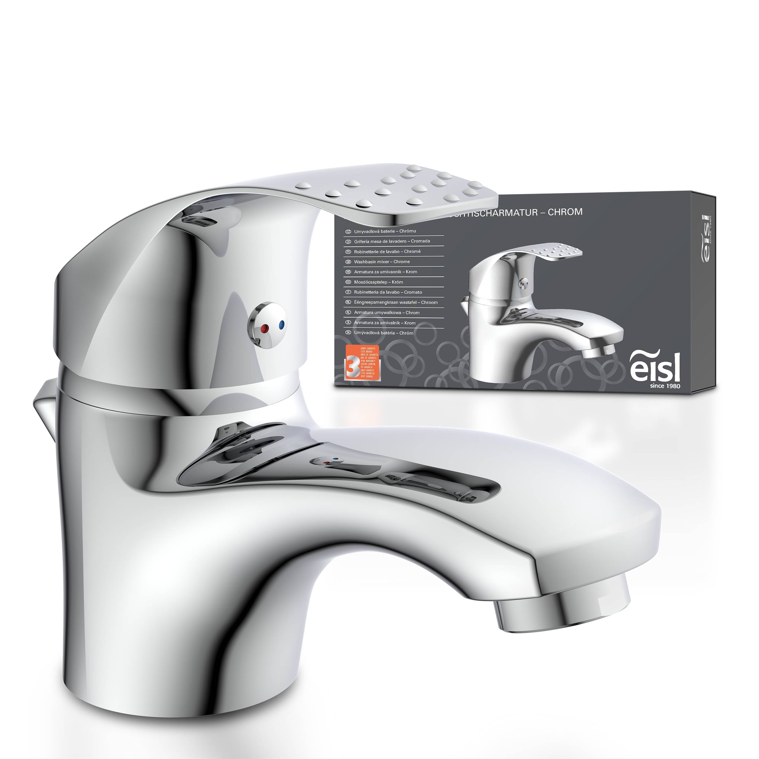 Ein verchromter Badezimmerhahn mit einem schlanken, geschwungenen Design wird gezeigt. Die Verpackung im Hintergrund zeigt ein Bild des Wasserhahns und den Markennamen „Eisl