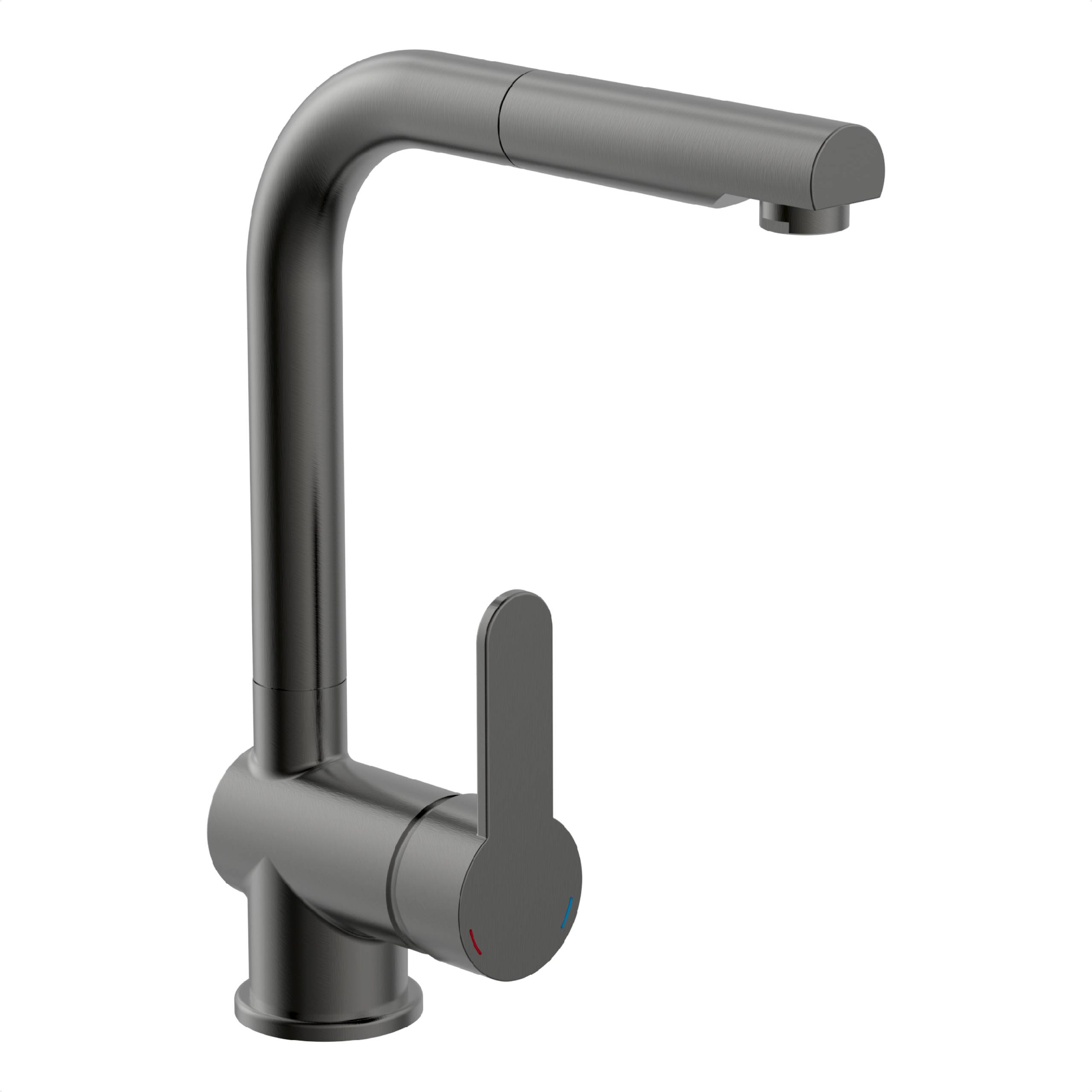 Ein moderner, schlanker schwarzer Küchenarmatur mit L-förmigem Auslauf und einem seitlich angebrachten Einhebel-Griff.