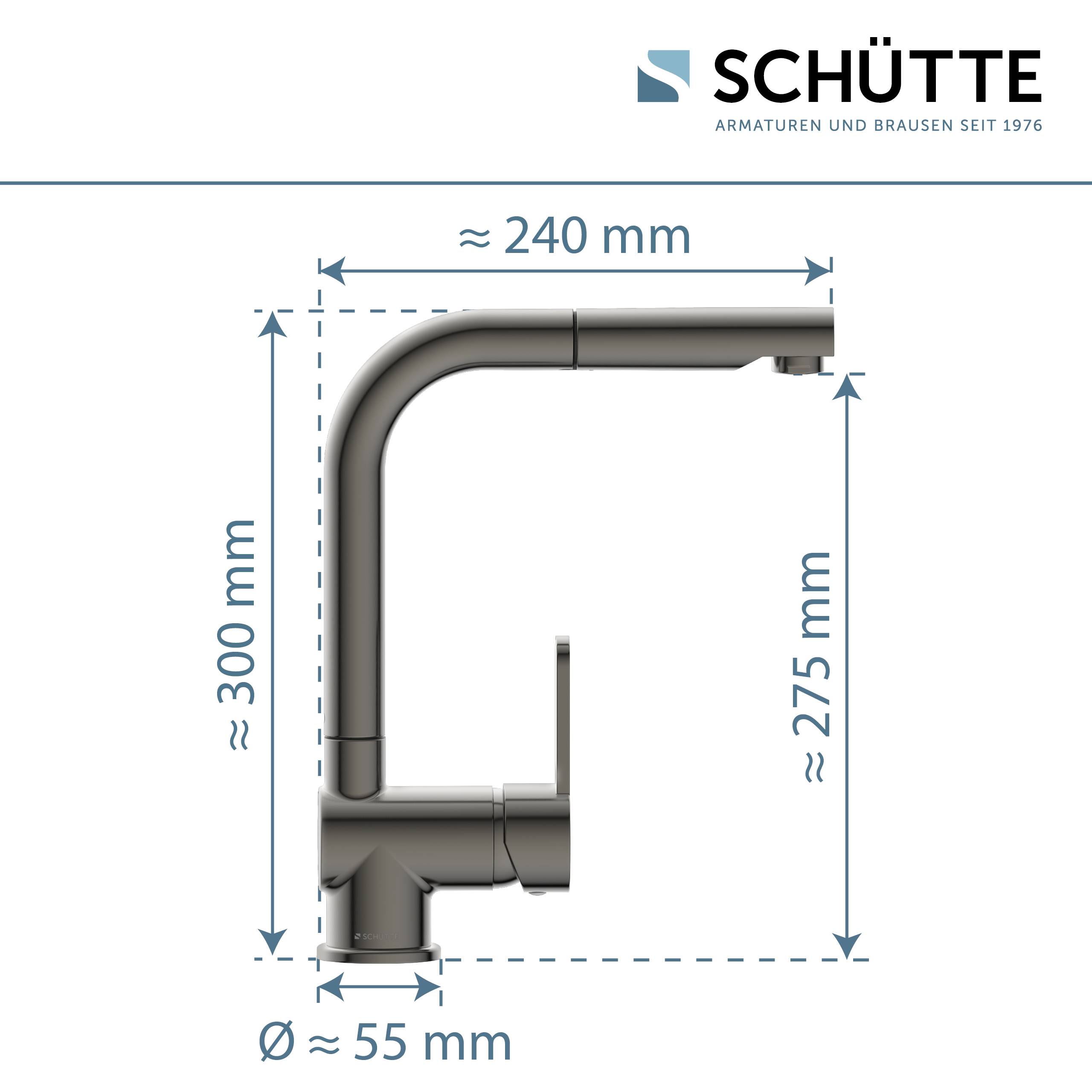 Eine Seitenansicht-Skizze einer Schütte-Küchenarmatur mit Maßangaben: Auslaufhöhe 300 mm, Länge 240 mm, Gesamthöhe 275 mm, Basisdurchmesser 55 mm.
