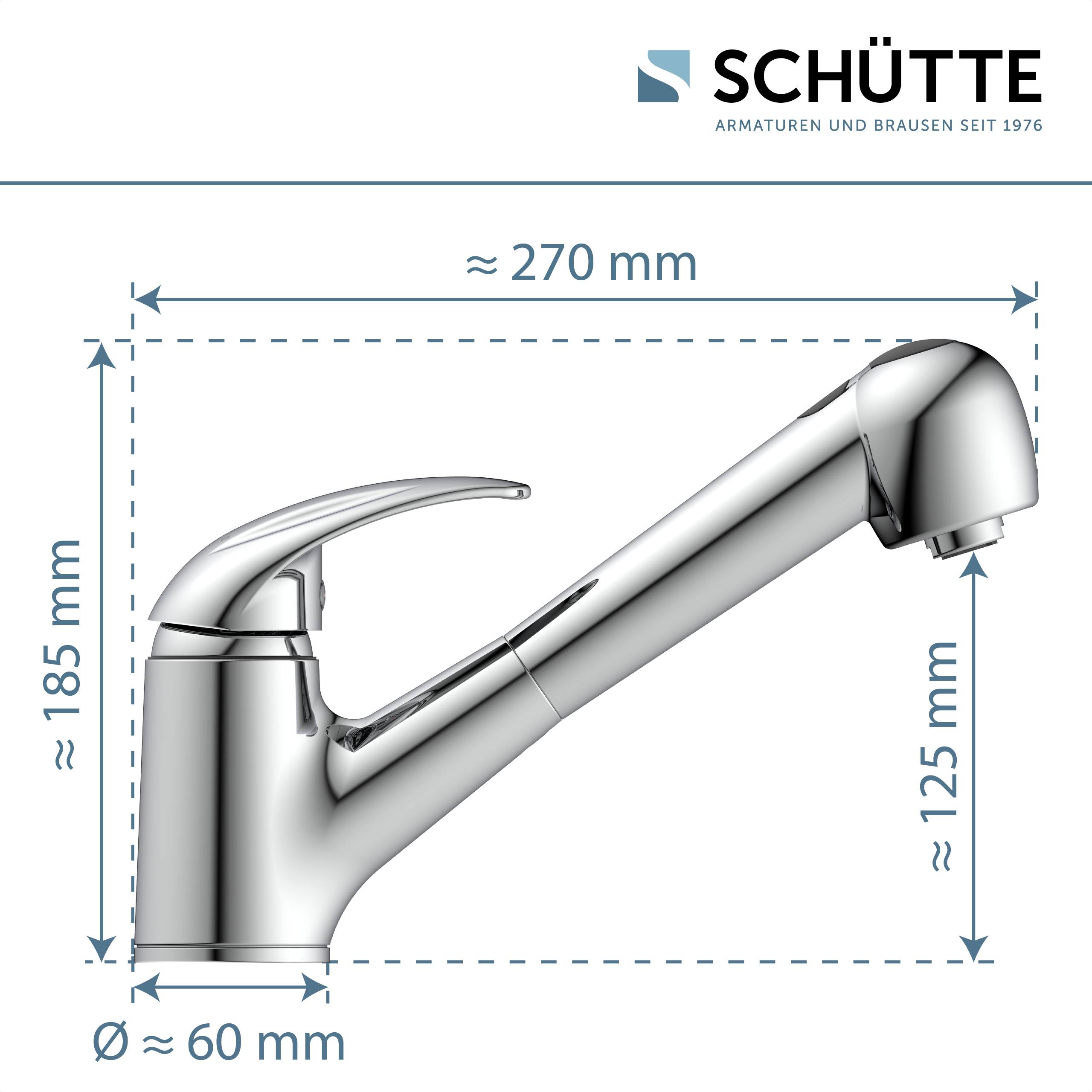 Produktdiagramm eines Schütte-Küchenarmatur mit Abmessungen: etwa 270 mm Länge, 185 mm Höhe, 125 mm Auslaufhöhe und 60 mm Basisdurchmesser.