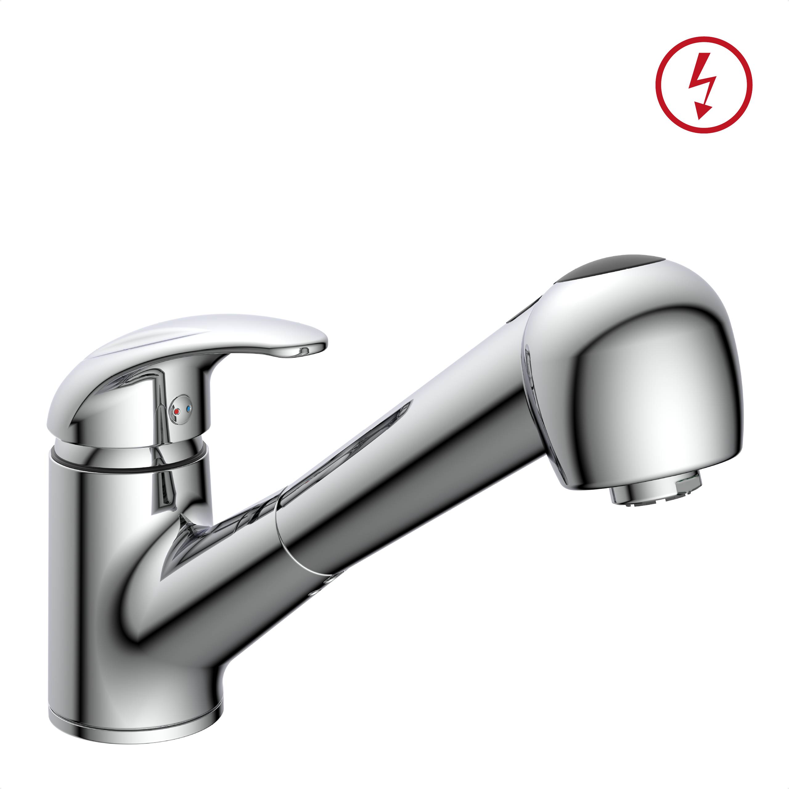 Ein moderner Chrom-Küchenhahn mit herausziehbarer Brause, der ein rotes Blitzsymbol in der oberen rechten Ecke aufweist.