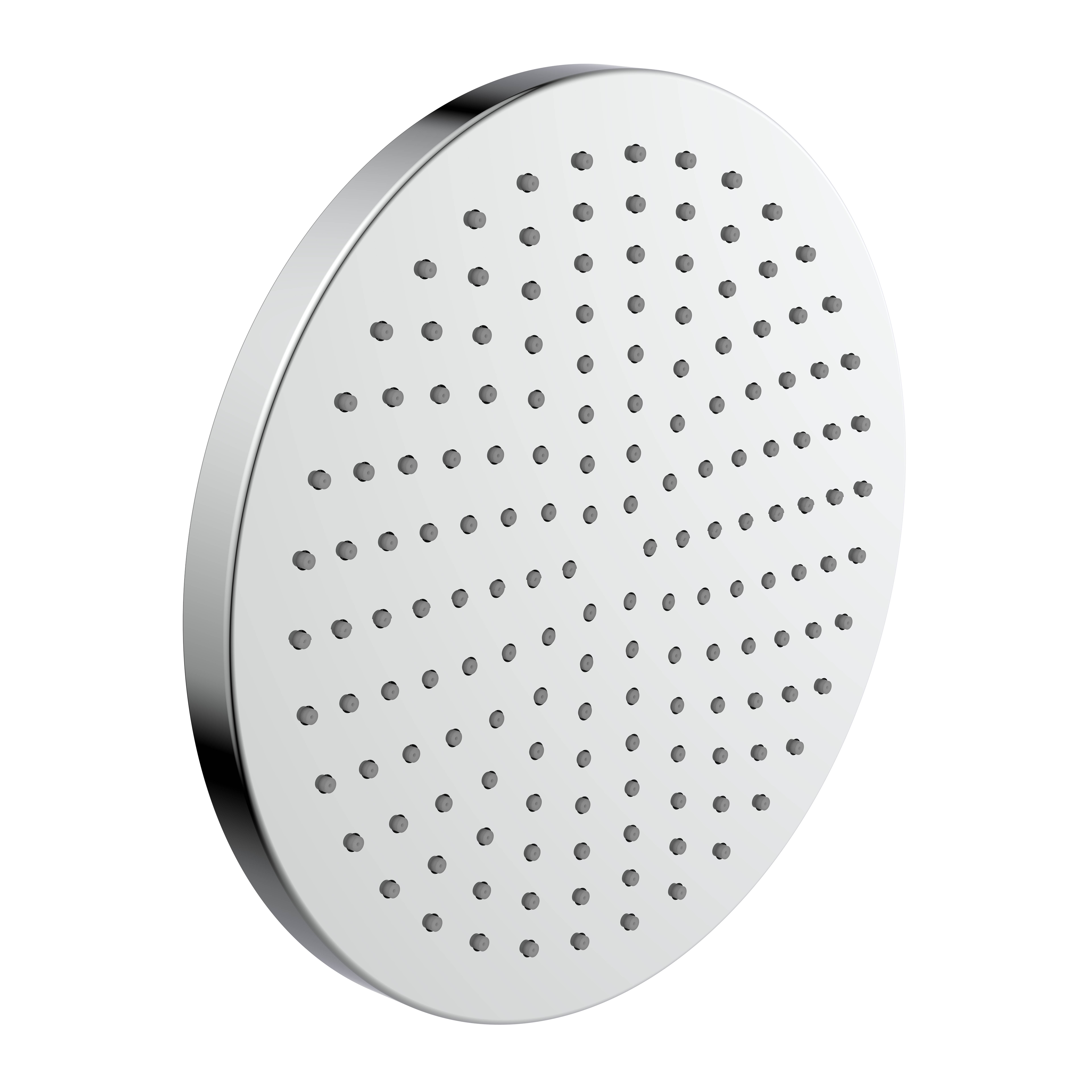 Ein runder Metallduschkopf mit zahlreichen kleinen Löchern, der für gleichmäßige Wasserverteilung ausgelegt ist, vor schwarzem Hintergrund platziert.
