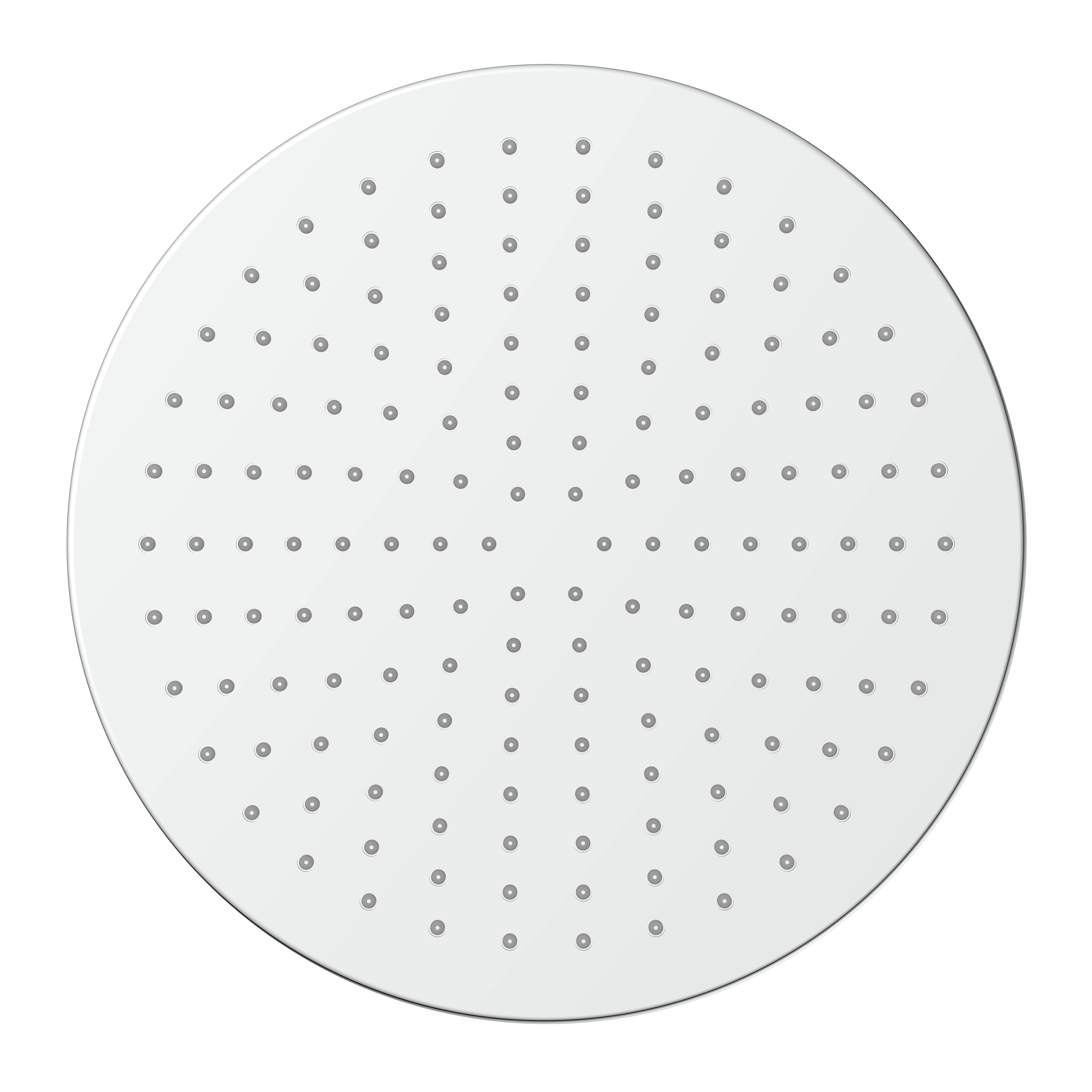 Ein weißer, runder Duschkopf mit gleichmäßig verteilten kleinen Löchern vor schwarzem Hintergrund.