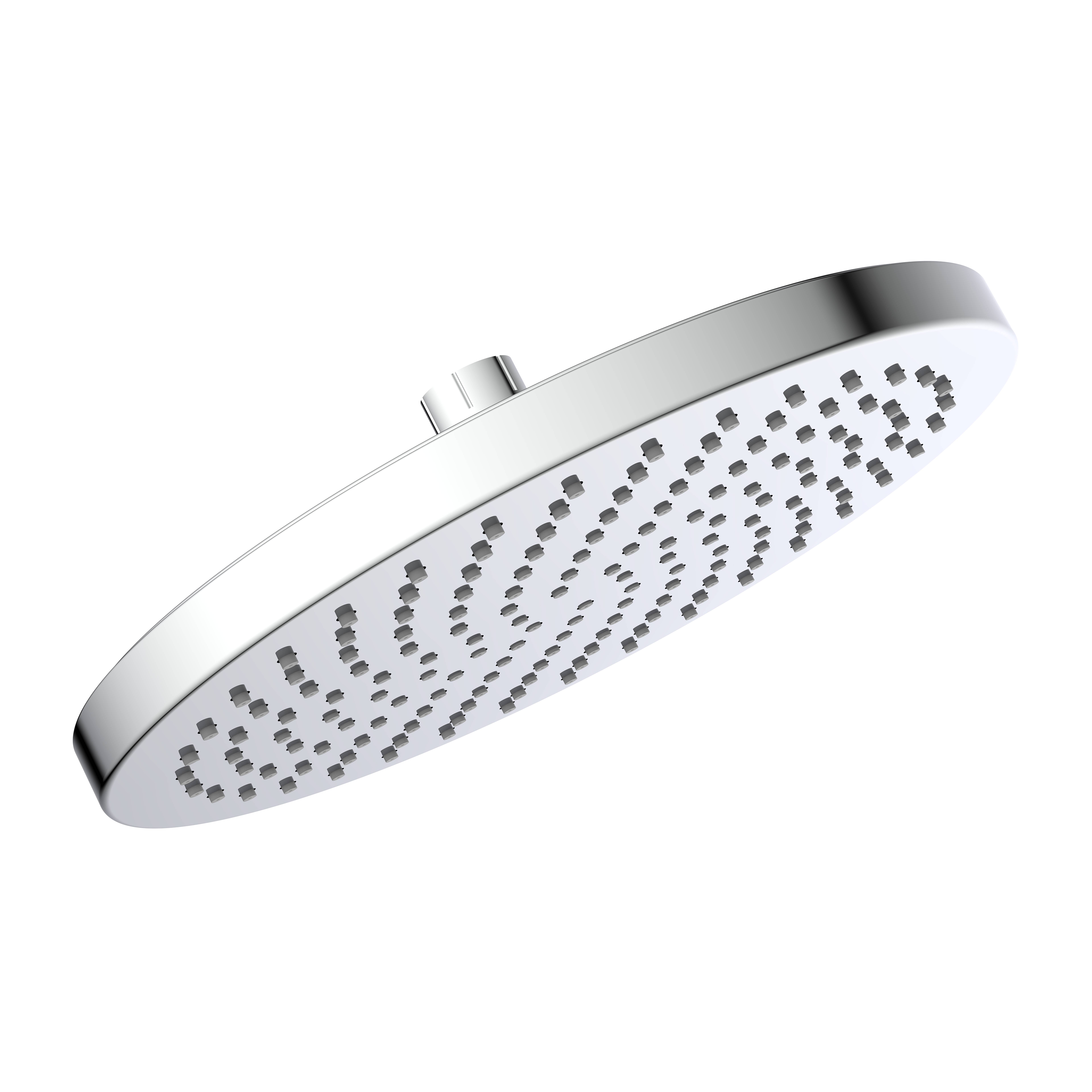 Ein runder, verchromter Duschkopf mit zahlreichen Wasserdüsen wird vor schwarzem Hintergrund präsentiert.