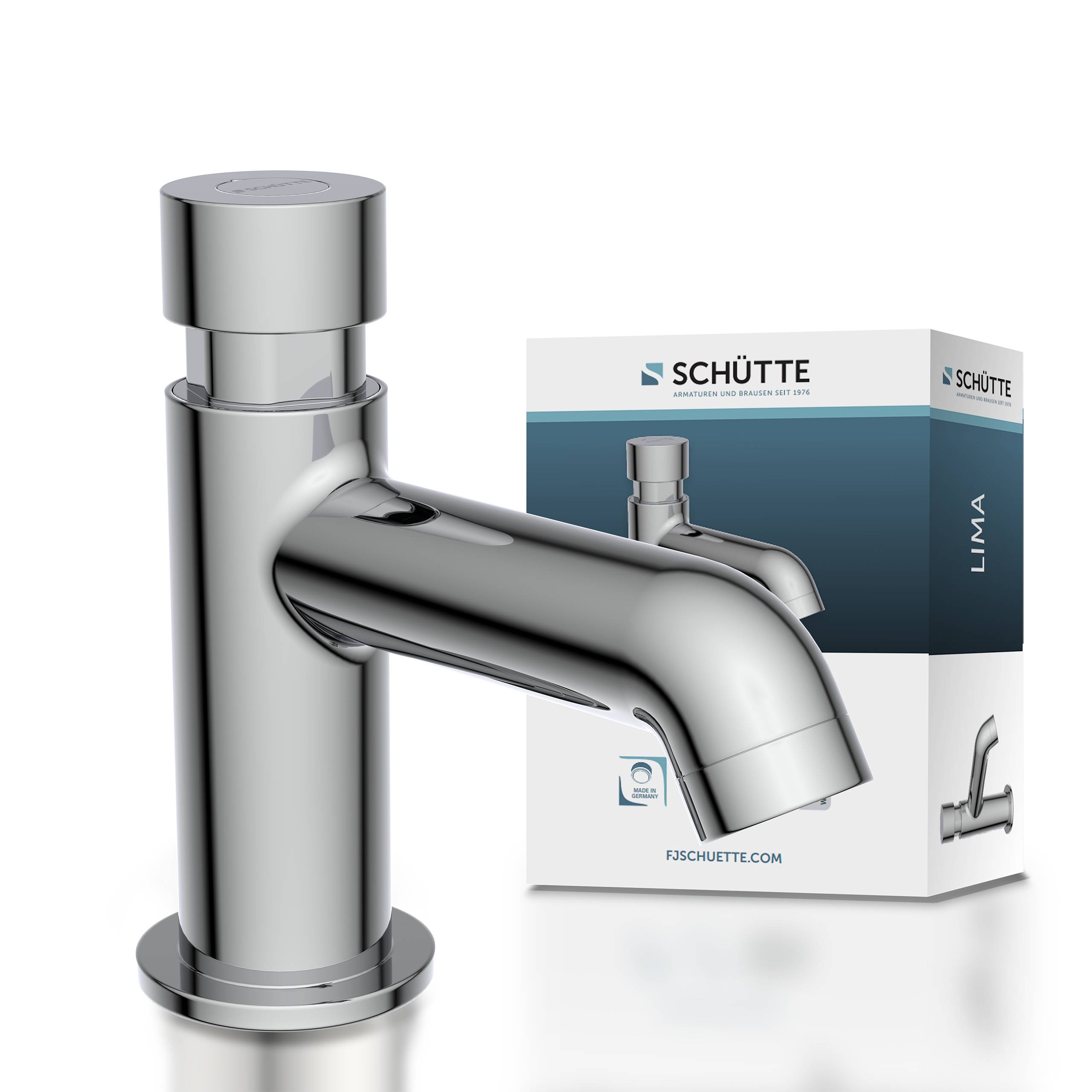 Ein Badezimmerwasserhahn aus Chrom mit modernem Design wird neben seiner Verpackungsschachtel mit der Aufschrift 