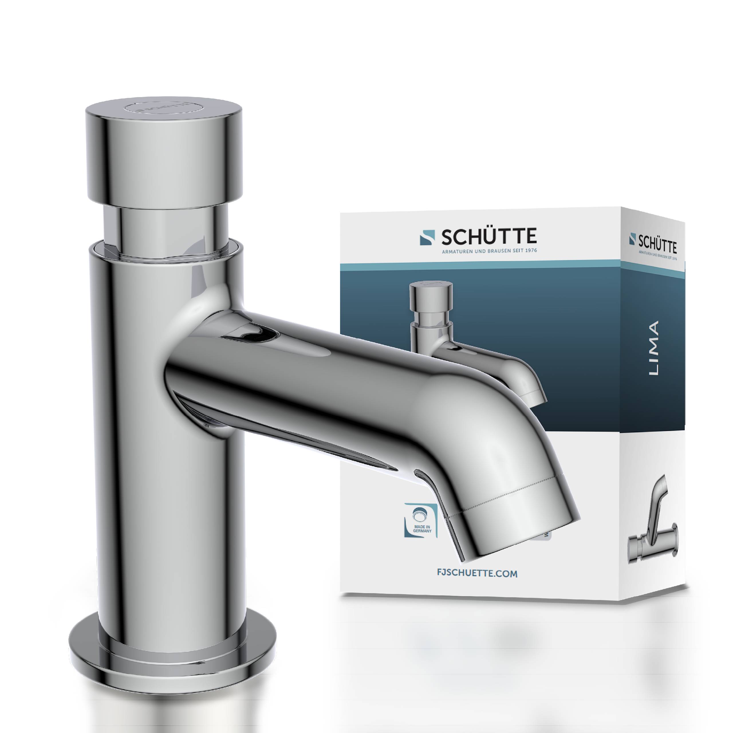 Chrome SCHÜTTE 'LIMA' Badezimmerhahn, abgebildet neben seiner Produktverpackung auf weißem Hintergrund.