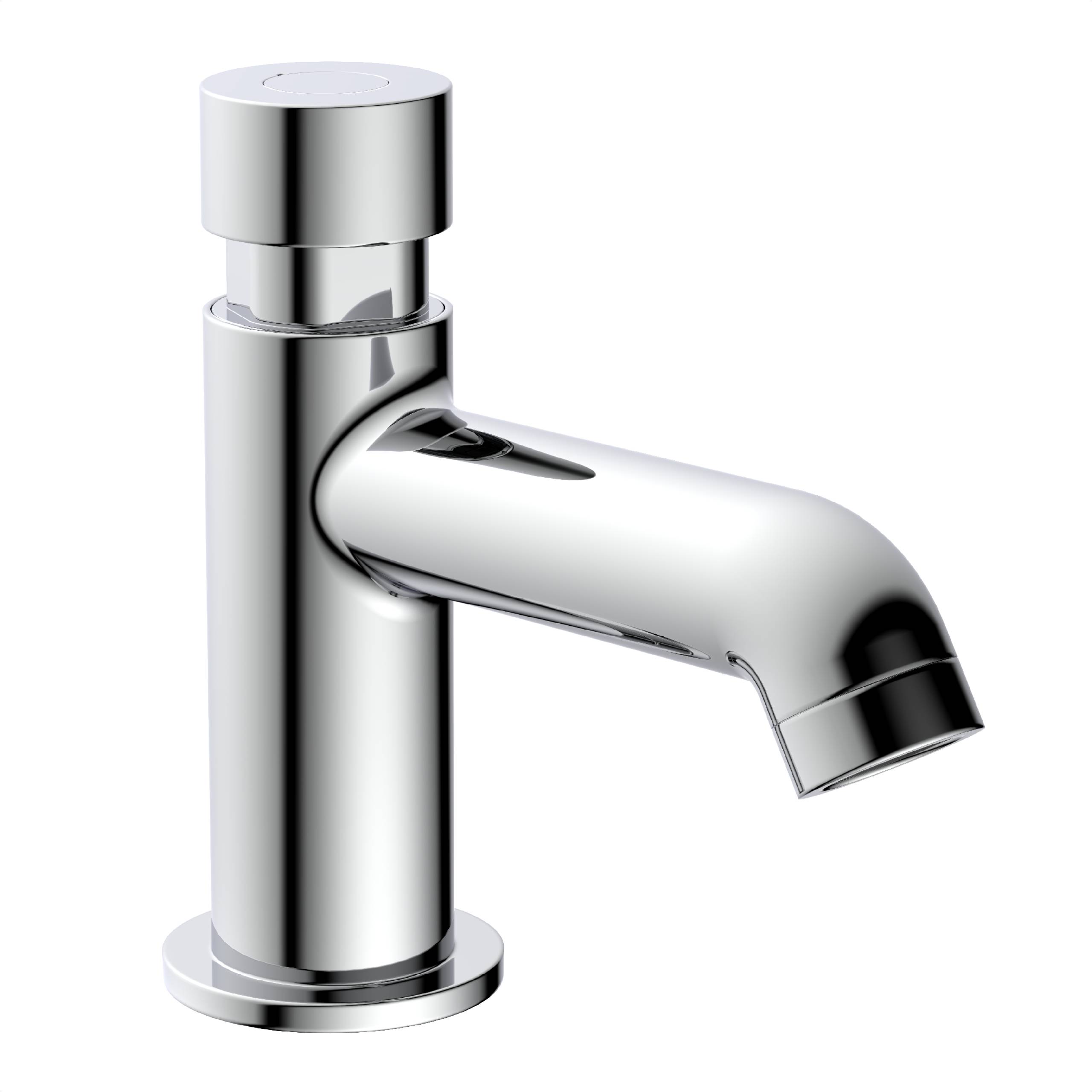 Ein glänzender, moderner Chromwasserhahn mit zylindrischem Design, geeignet für ein Badezimmerbecken.