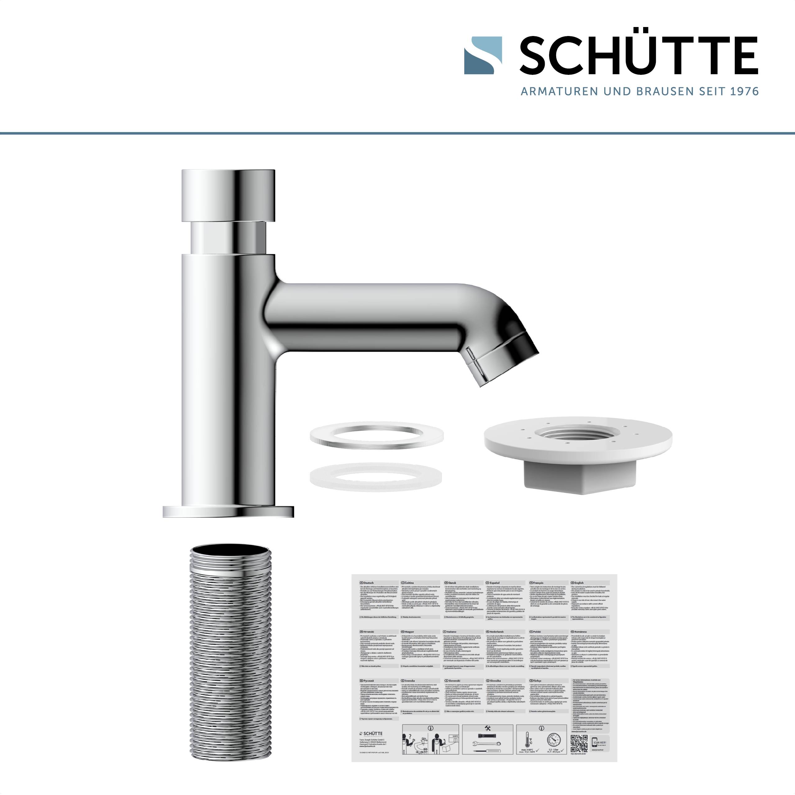Ein schlanker, moderner Wasserhahn mit zugehörigen Installationszubehörteilen und einer Bedienungsanleitung. Das Markenlogo „SCHÜTTE