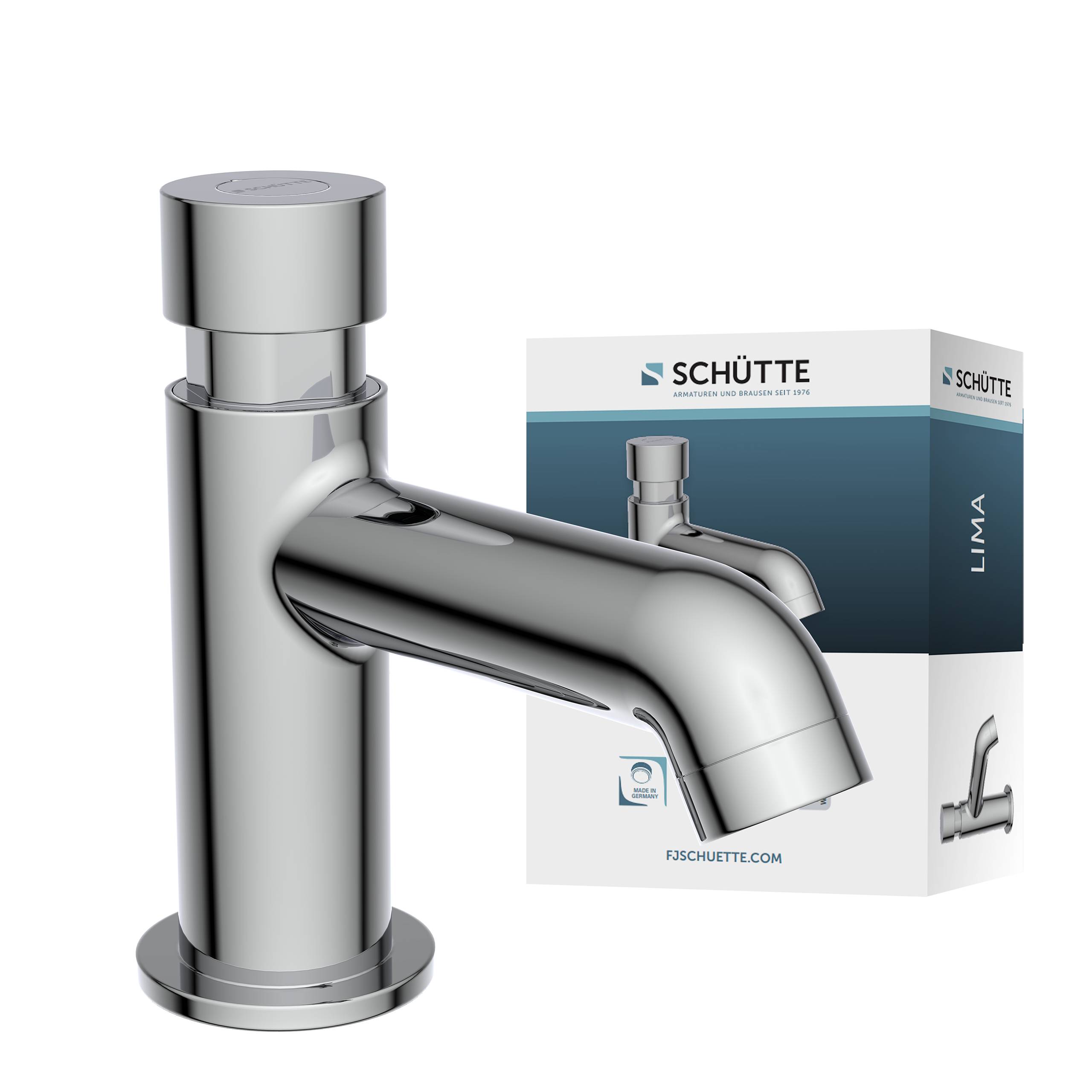 „Ein glänzender metallischer Wasserhahn mit modernem zylindrischem Design wird neben seiner Verpackung mit der Aufschrift „SCHÜTTE Lima