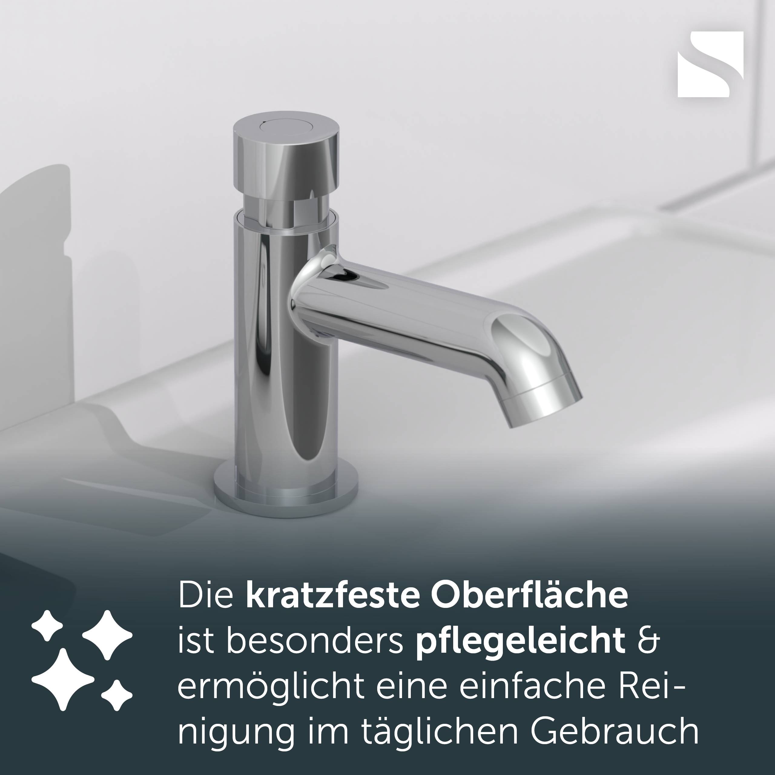Chrom-Badezimmerhahn mit deutscher Aufschrift, dass die kratzfeste Oberfläche leicht zu pflegen und einfach täglich zu reinigen ist.