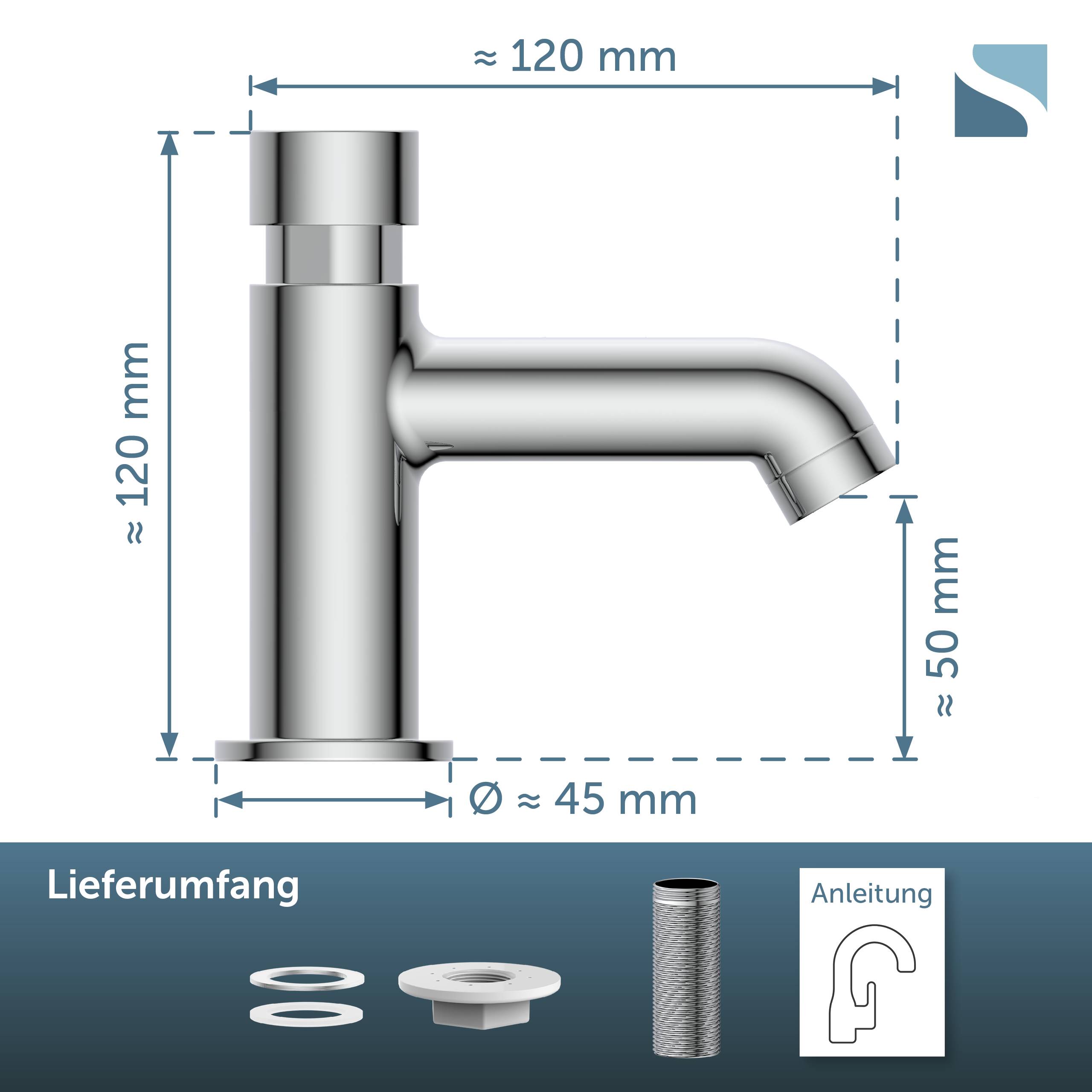 Chrome-Armatur mit angegebenen Abmessungen: etwa 120 mm hoch und breit, Basisdurchmesser 45 mm, Auslaufhöhe 50 mm; einschließlich Ringen, Anschlussadapter und Anleitung.