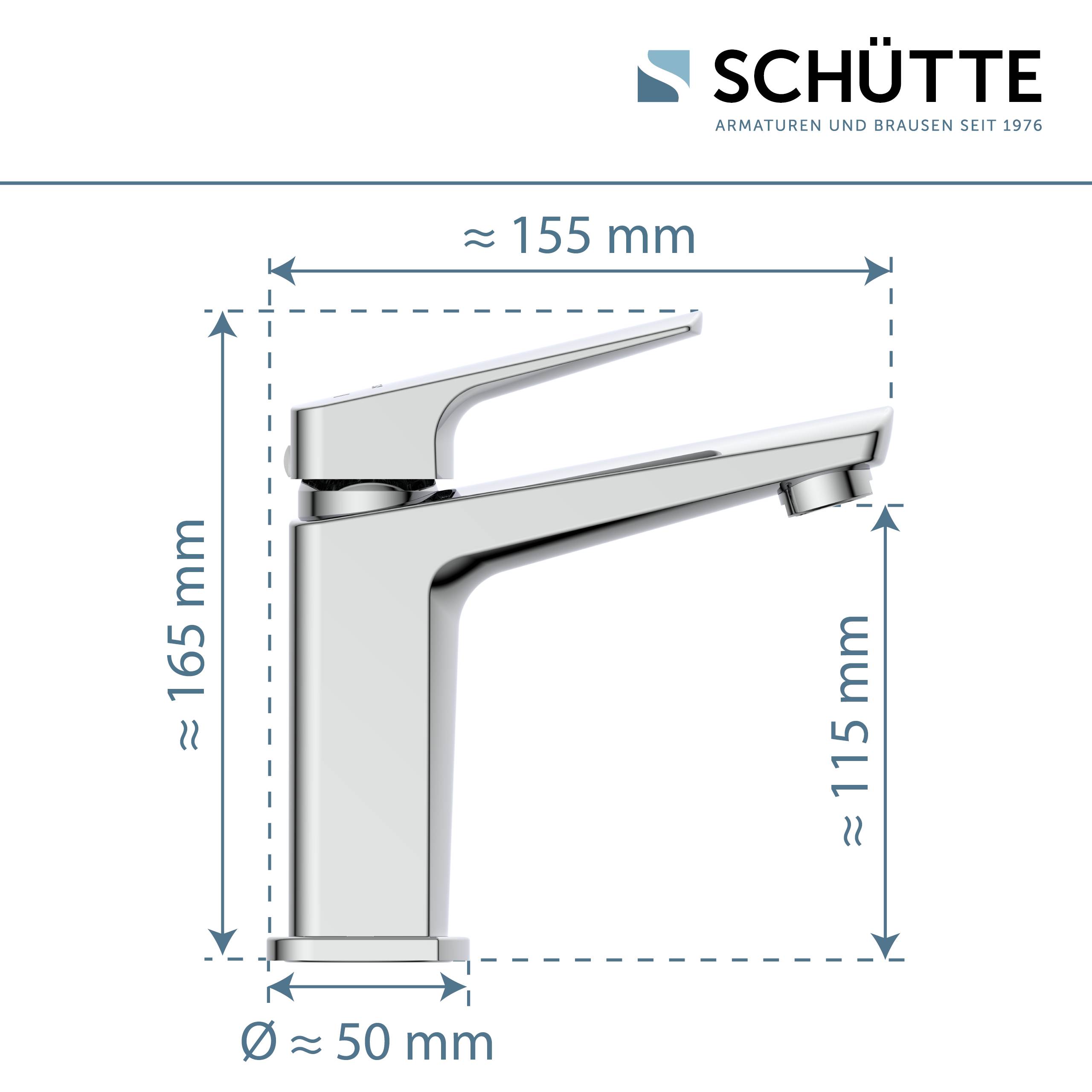 Chrome-Badezimmerhahn mit Abmessungen: 165 mm Höhe, 155 mm Länge, 50 mm Durchmesser und 115 mm Auslaufhöhe. Markenname 'SCHÜTTE'.