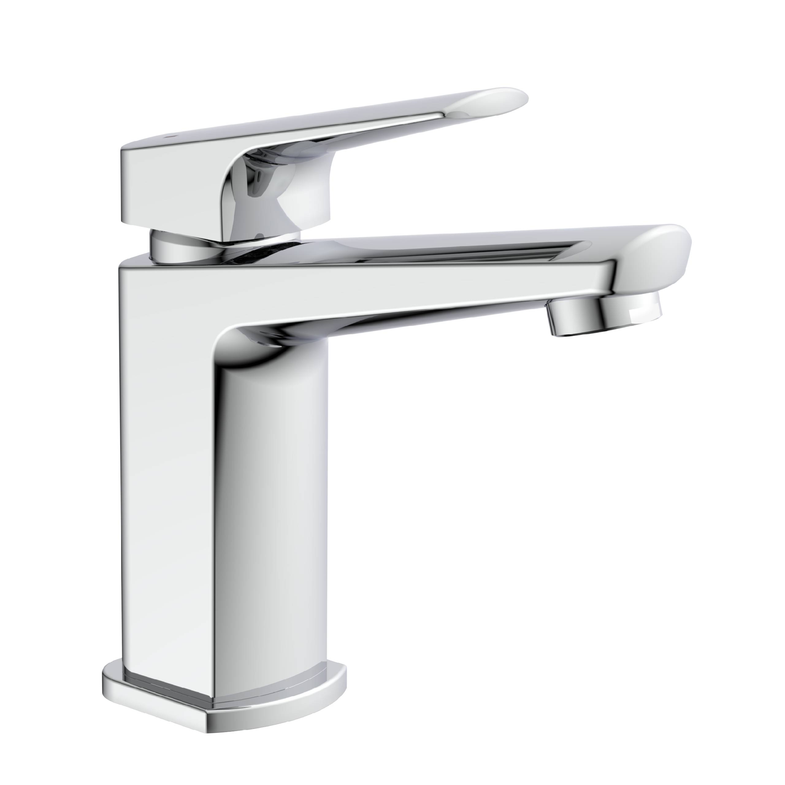 Ein moderner Badezimmerhahn aus Chrom mit einem einhebligen Griff, entworfen für einfache Wasserdurchflussregelung und Temperaturkontrolle, vor weißem Hintergrund.