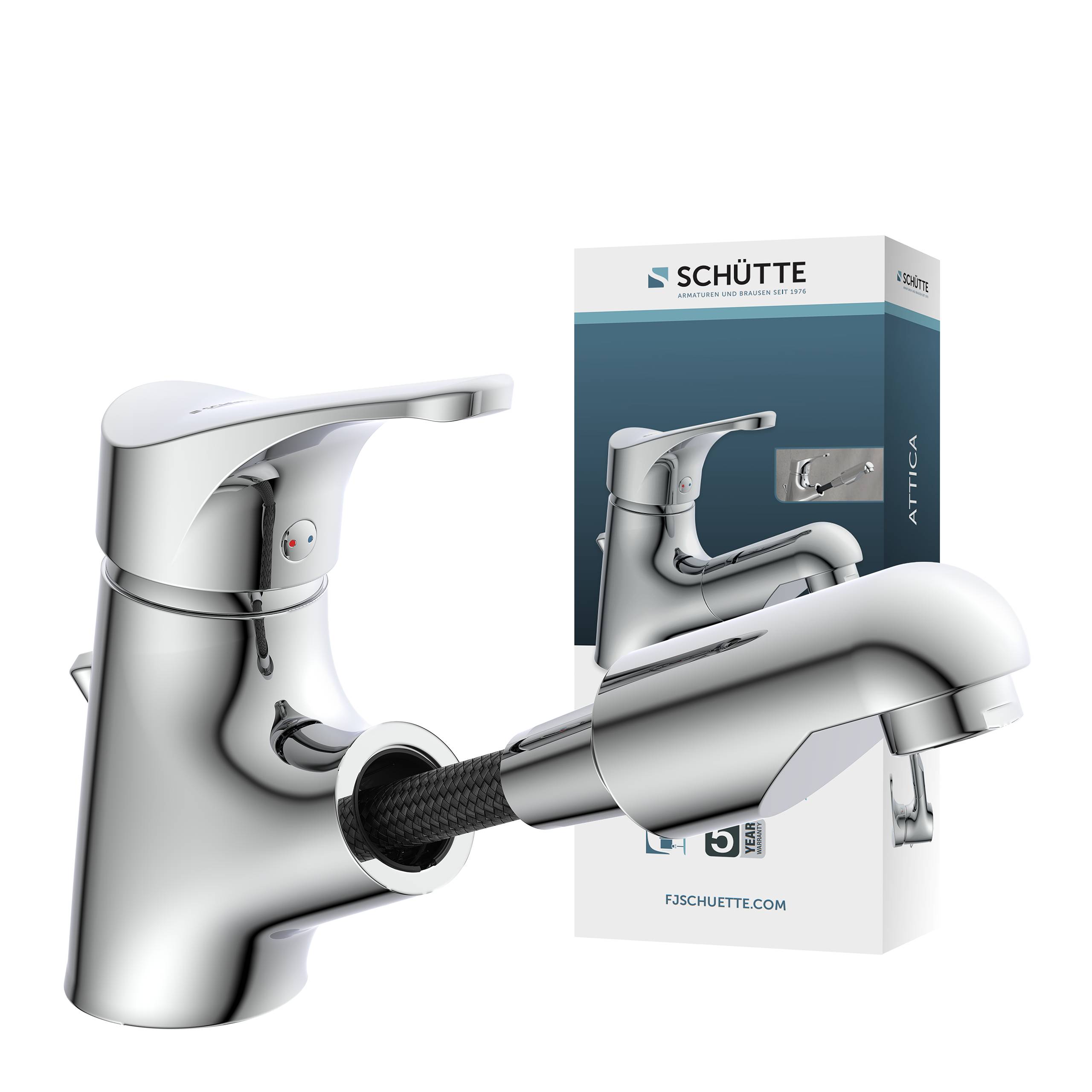 Verchromter Badezimmerwasserhahn mit modernem Design vor einer Verpackungsbox mit dem Etikett 