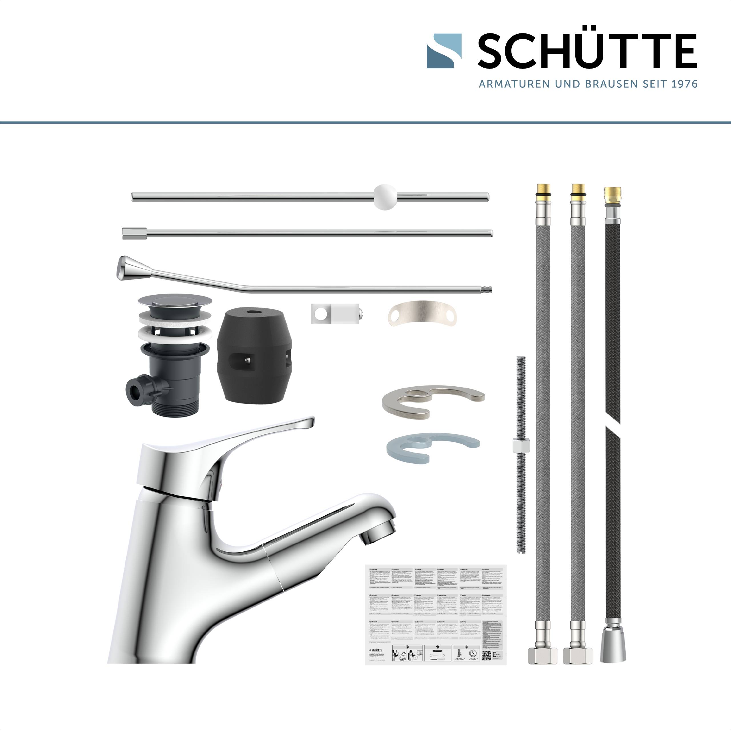 # SCHÜTTE Armaturenmontagesatz mit Wasserhahn. Enthält Wasserhahn, Schläuche und Installationszubehör. Deutscher Text oben.