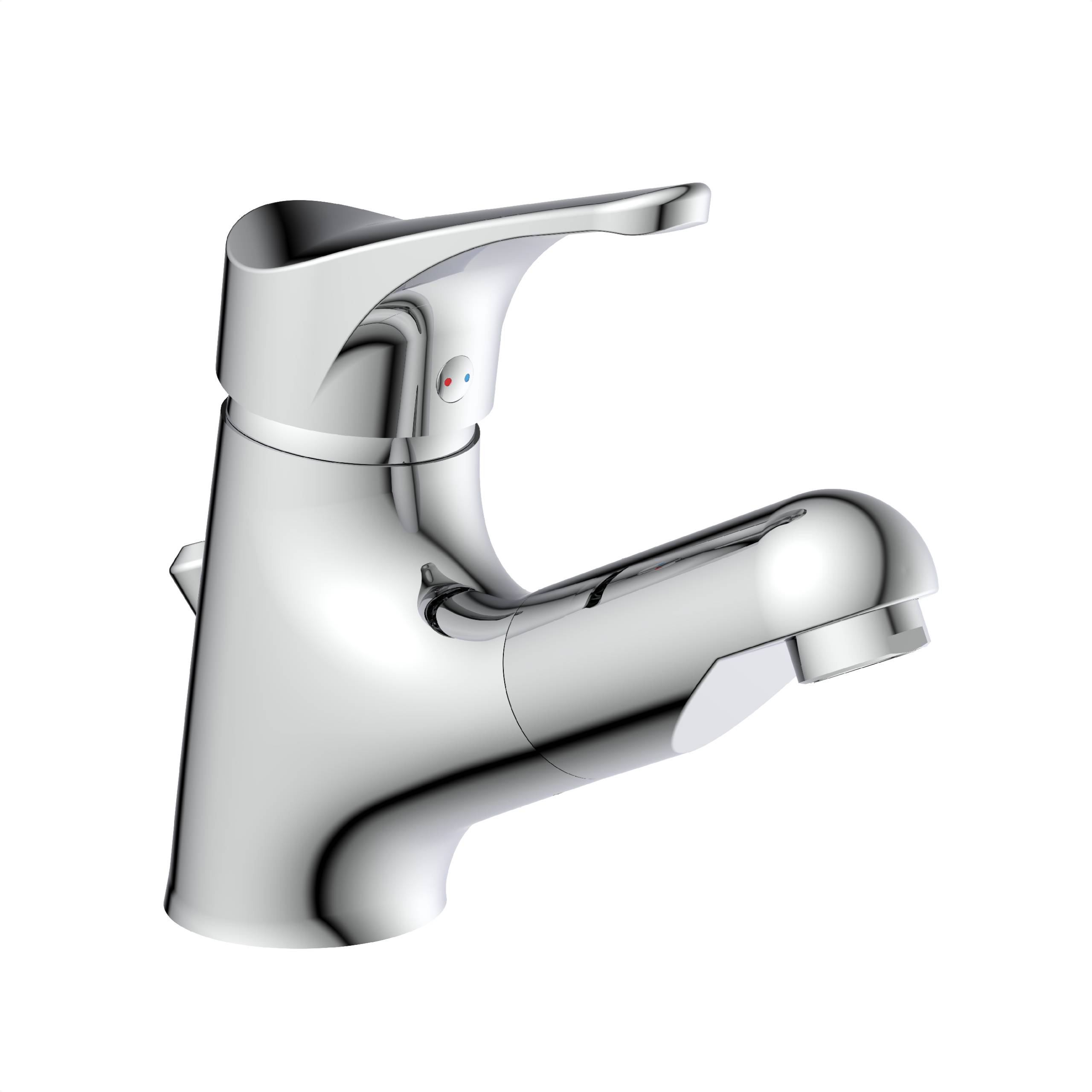 Ein moderner, verchromter Wasserhahn mit einfachem Hebel, konzipiert für die Verwendung im Bad oder in der Küche, mit schlankem und zeitgenössischem Design.