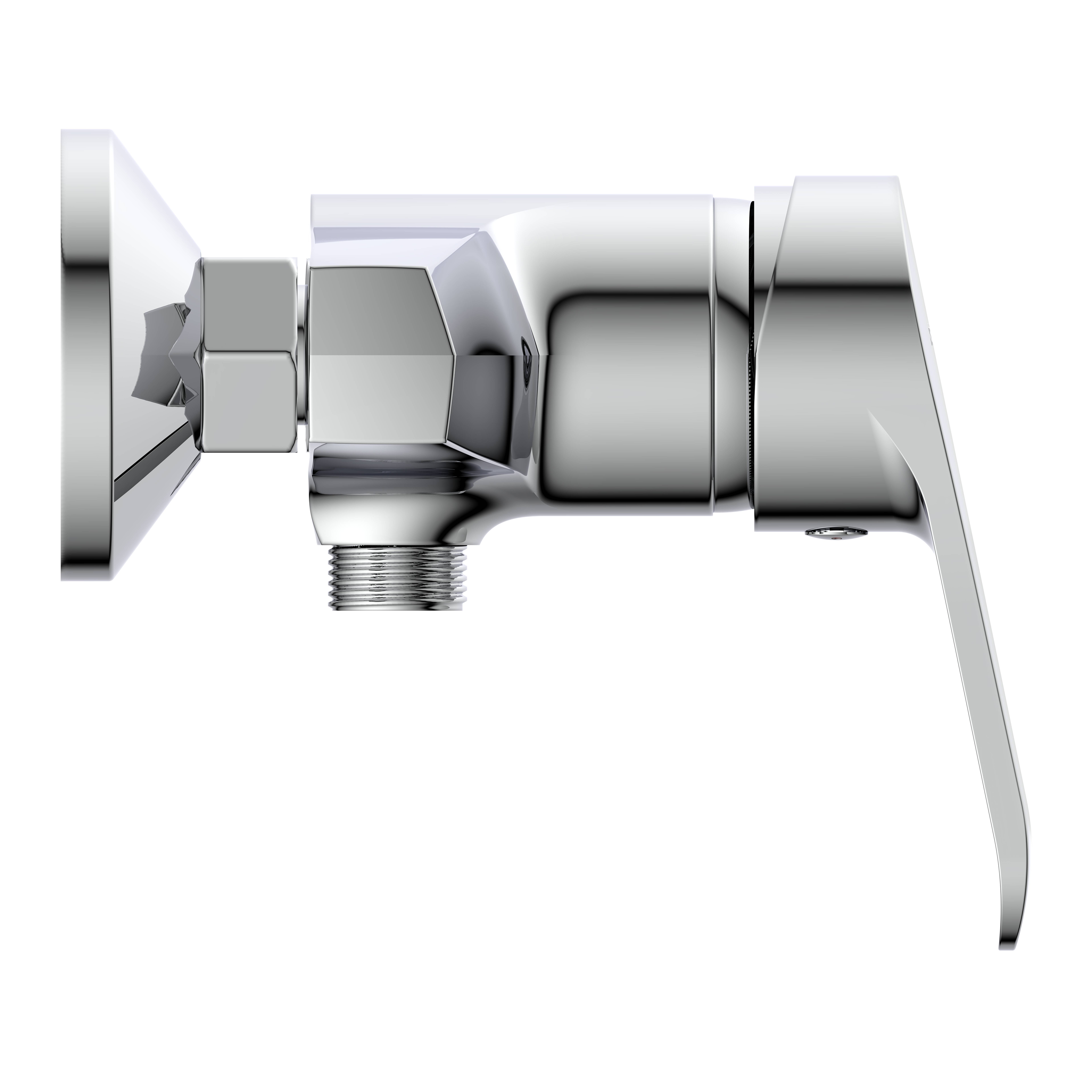 Chrommodul-Duschventilgriff mit Wandplatte und Gewinderohranschluss auf schwarzem Hintergrund.