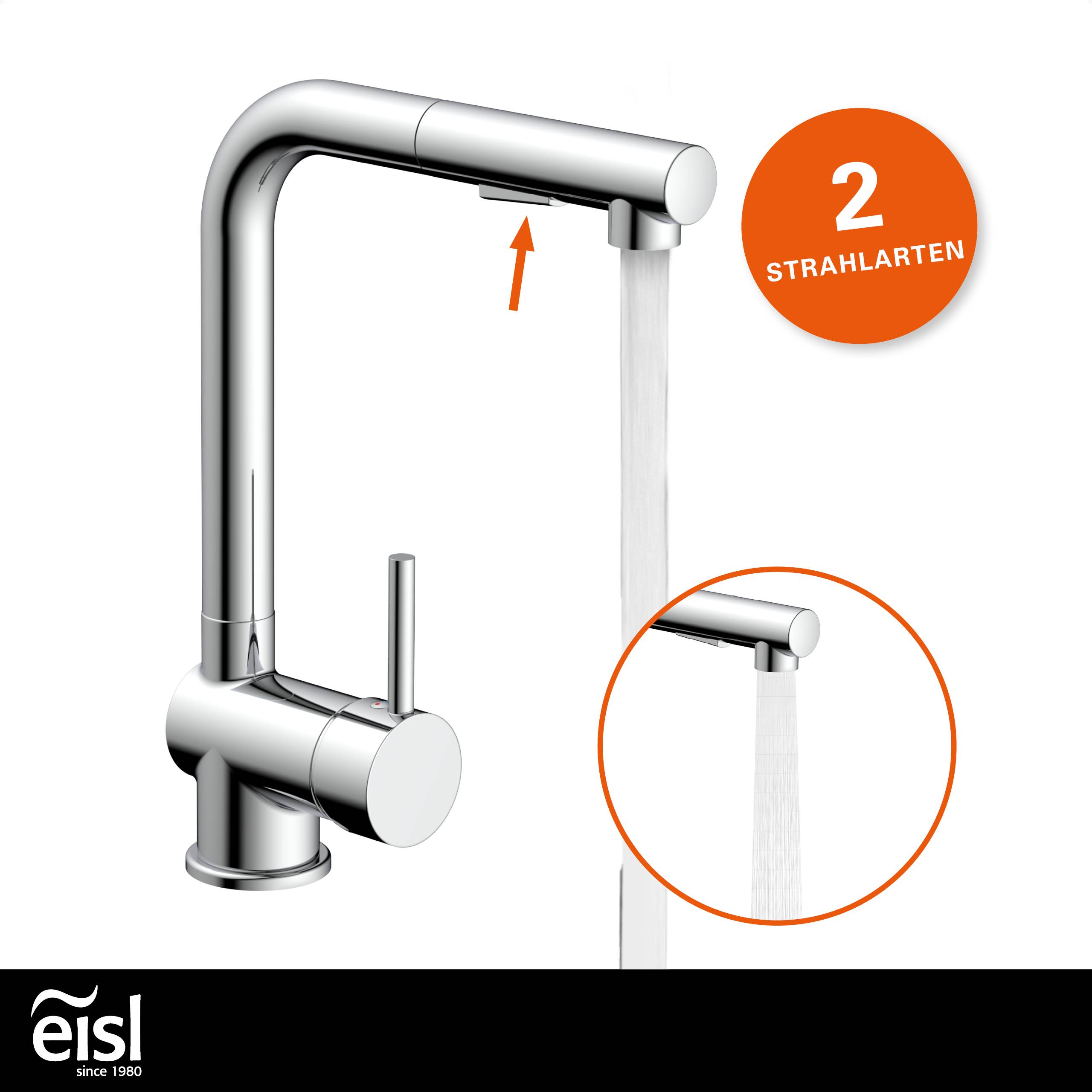 Ein moderner Wasserhahn für die Küche mit herausziehbarer Brause, dargestellt mit zwei Wasserstrahloptionen. Das Bild hebt '2 STRAHLARTEN' (2 Strahlarten) hervor.