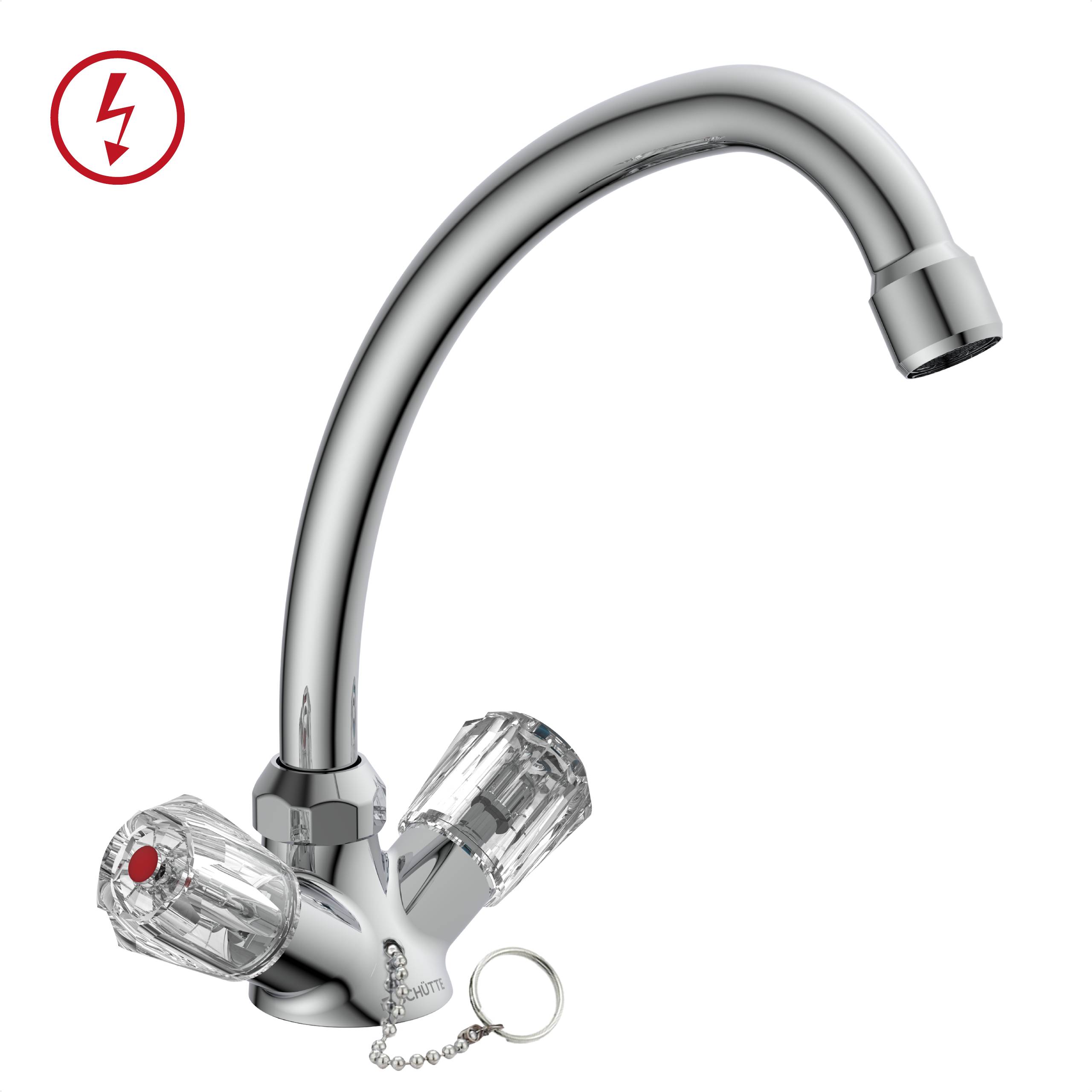 Ein silberner Wasserhahn mit zwei transparenten Knöpfen und einem roten Symbol, das anzeigt, dass er elektrisch ist.