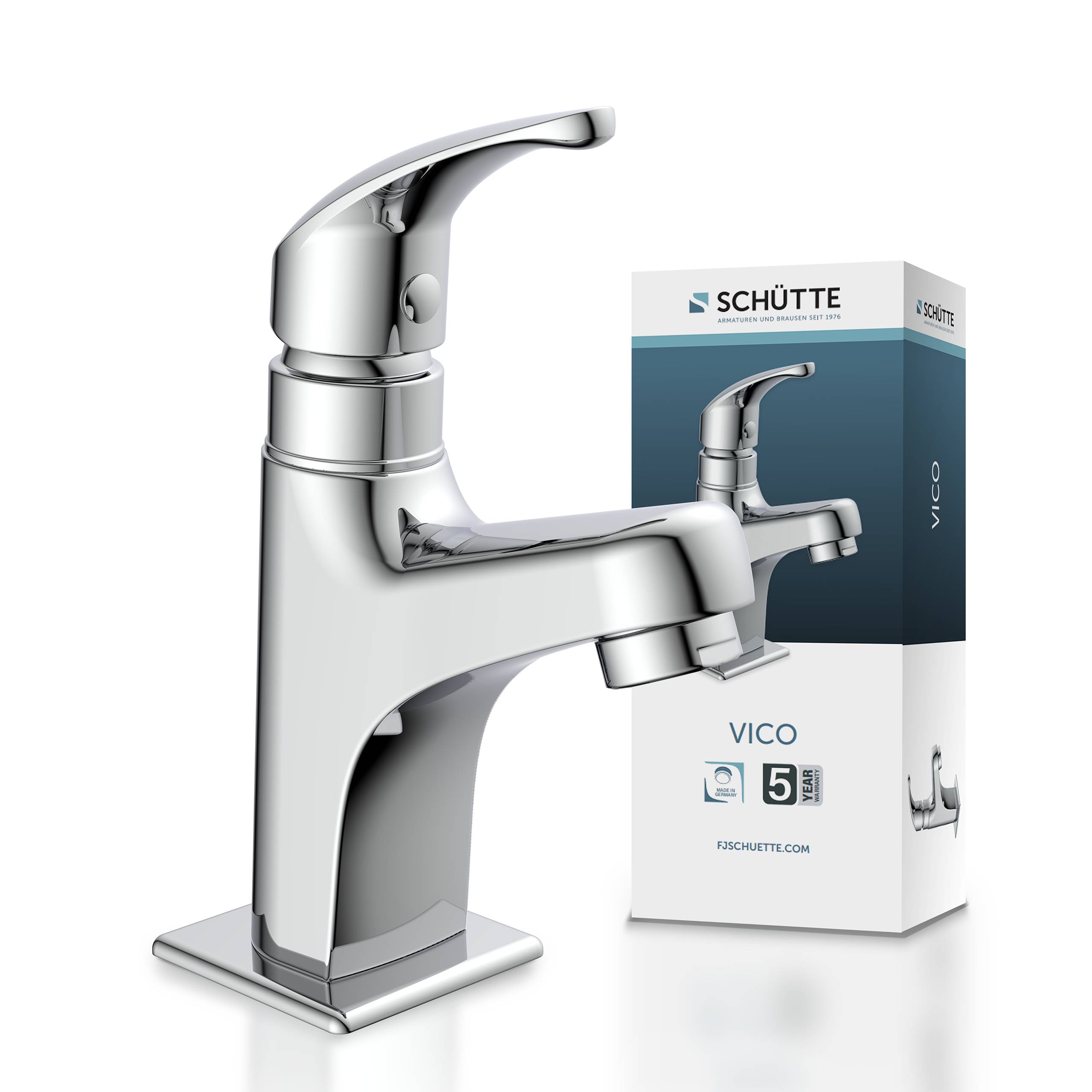 Ein moderner silberner Wasserhahn mit einem einzelnen Hebel wird neben seiner Verpackung angezeigt, auf der 