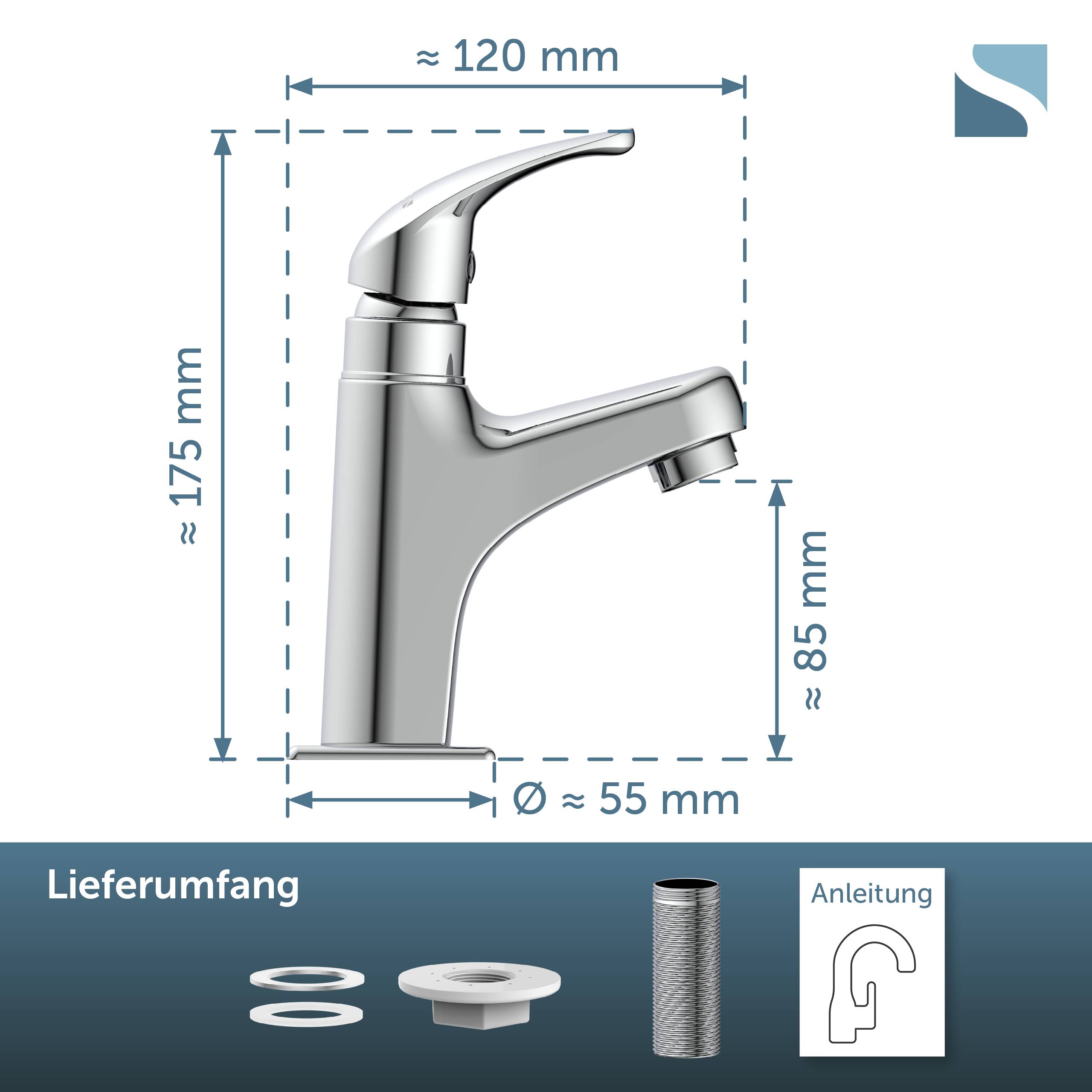 Produktdiagramm eines Badezimmerhahns mit Abmessungen: etwa 175 mm hoch, 120 mm breit, 85 mm Auslaufhöhe und 55 mm Basisdurchmesser, plus enthaltene Teile und Anleitung mit Etiketten 'Lieferumfang' und 'Anleitung'.