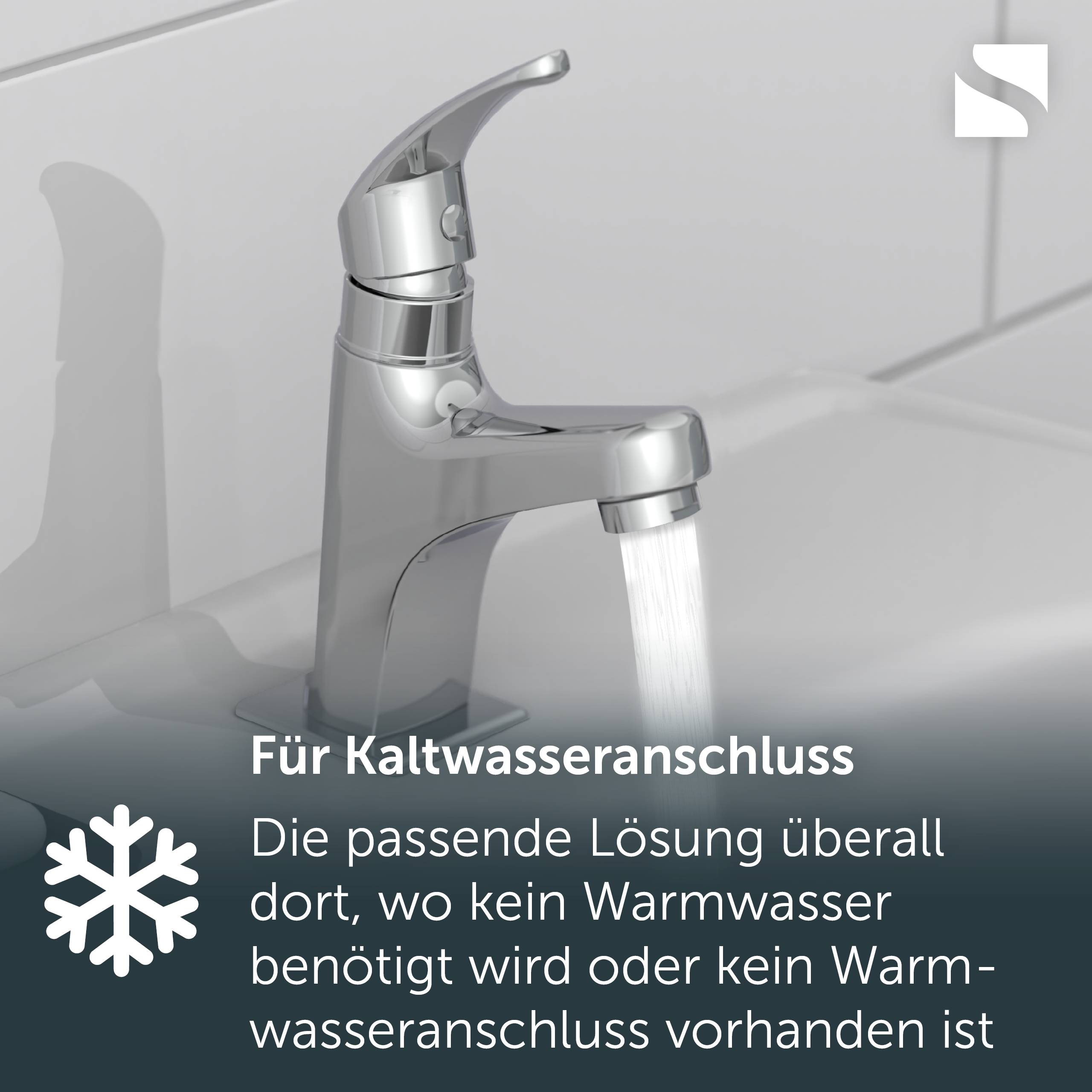 Chrome-Wasserhahn für Badezimmer mit Kaltwasser, mit deutschem Text: 'Für Kaltwasseranschluss' und 'Die passende Lösung überall dort, wo kein Warmwasser benötigt wird oder kein Warmwasseranschluss vorhanden ist'.