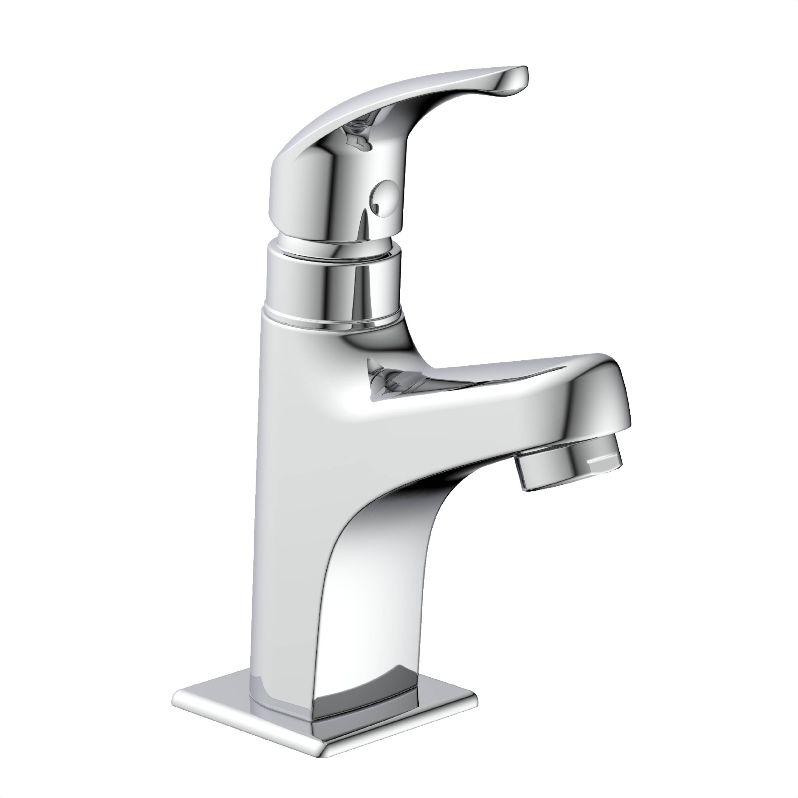 Ein chromfarbiger Badezimmerwasserhahn mit einfachem Hebelbediengriff und modernem, schlankem Design, geeignet für eine zeitgenössische Waschbeckeninstallation.