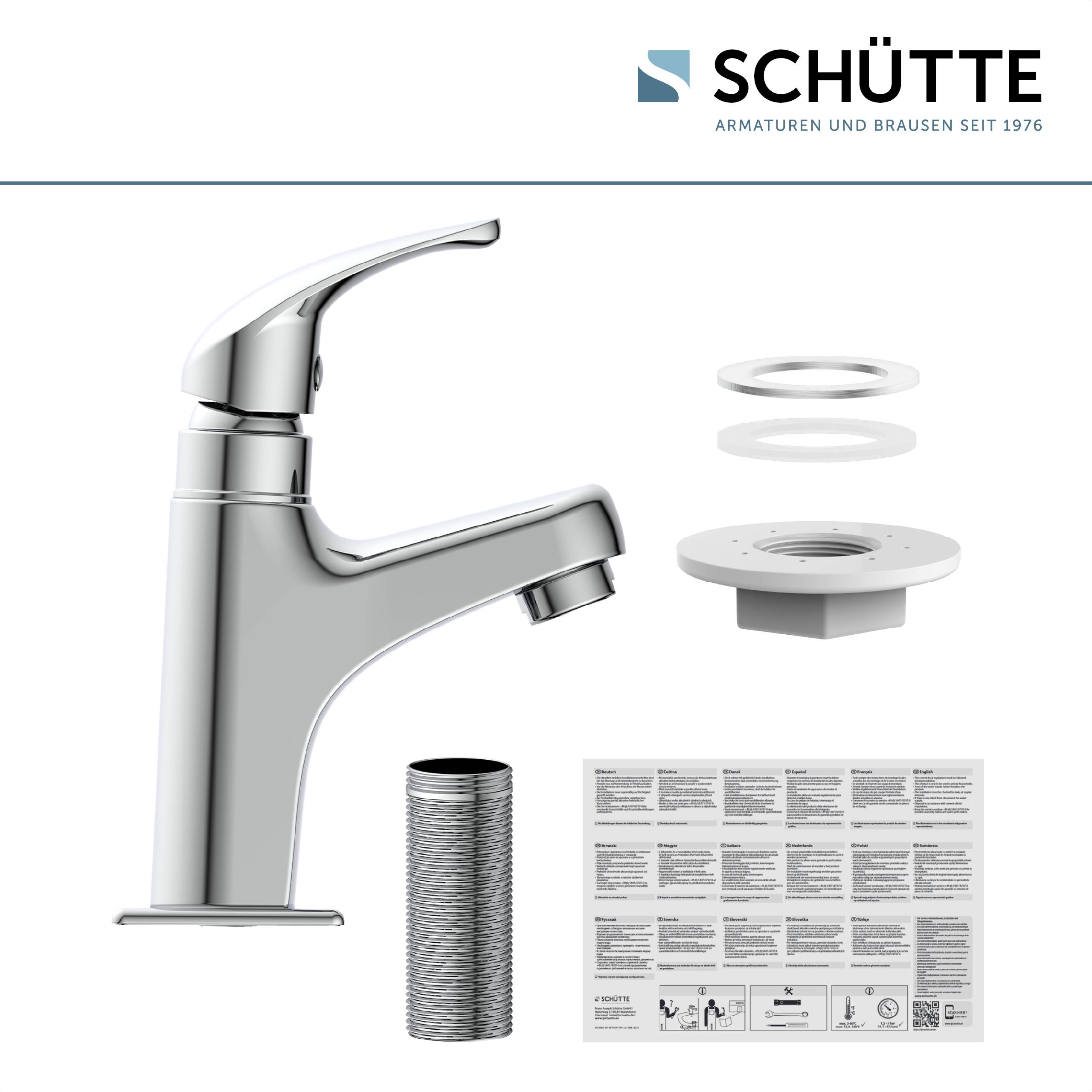Einhebelarmatur für das Badezimmer mit Installationsteilen und Bedienungsanleitung. Marke 'Schütte', gegründet 1976.