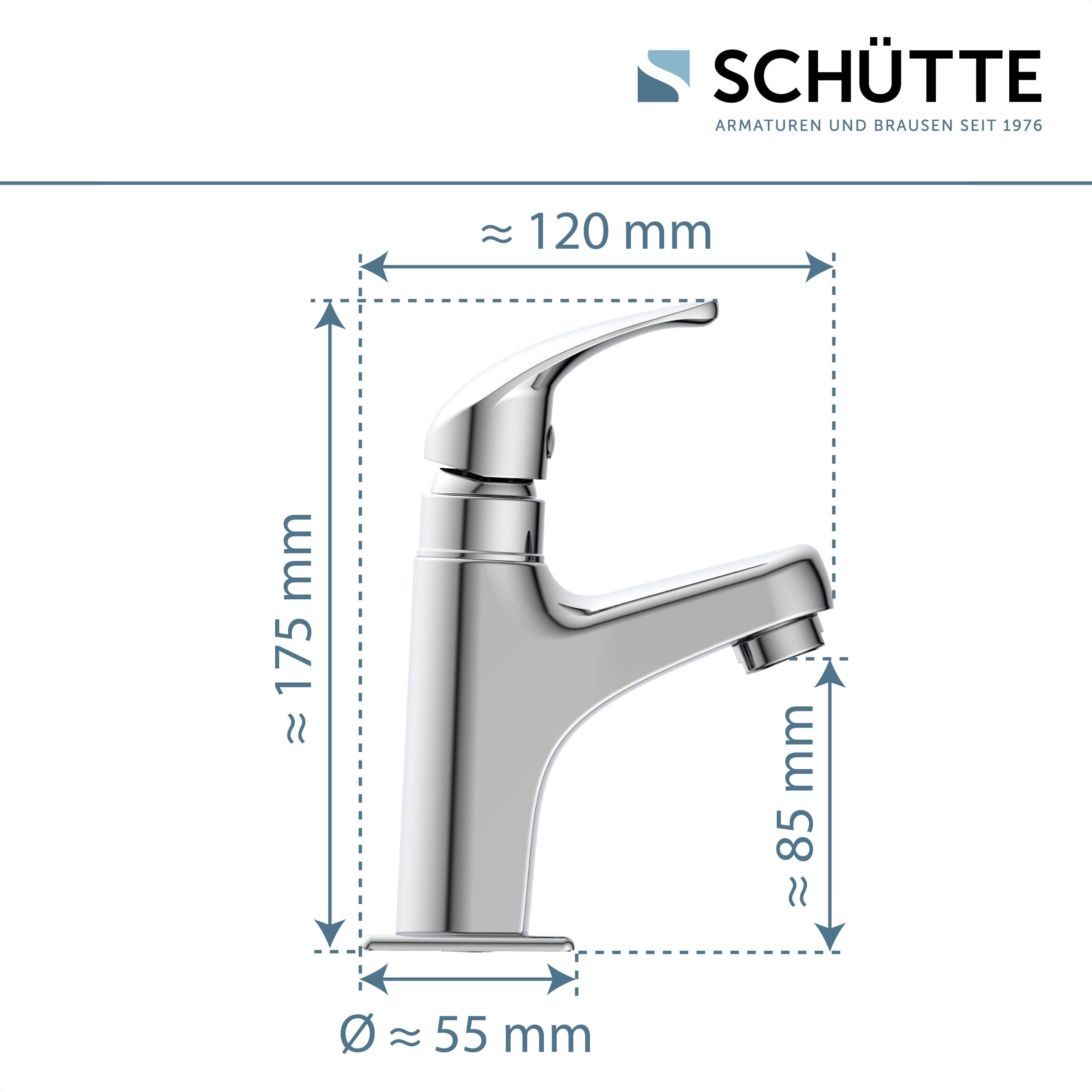 Ein verchromter Badezimmerhahn mit einem Einhebelgriff und geschwungenem Auslauf. Die Abmessungen betragen 120 mm Breite, 175 mm Höhe und 85 mm Auslaufreichweite.