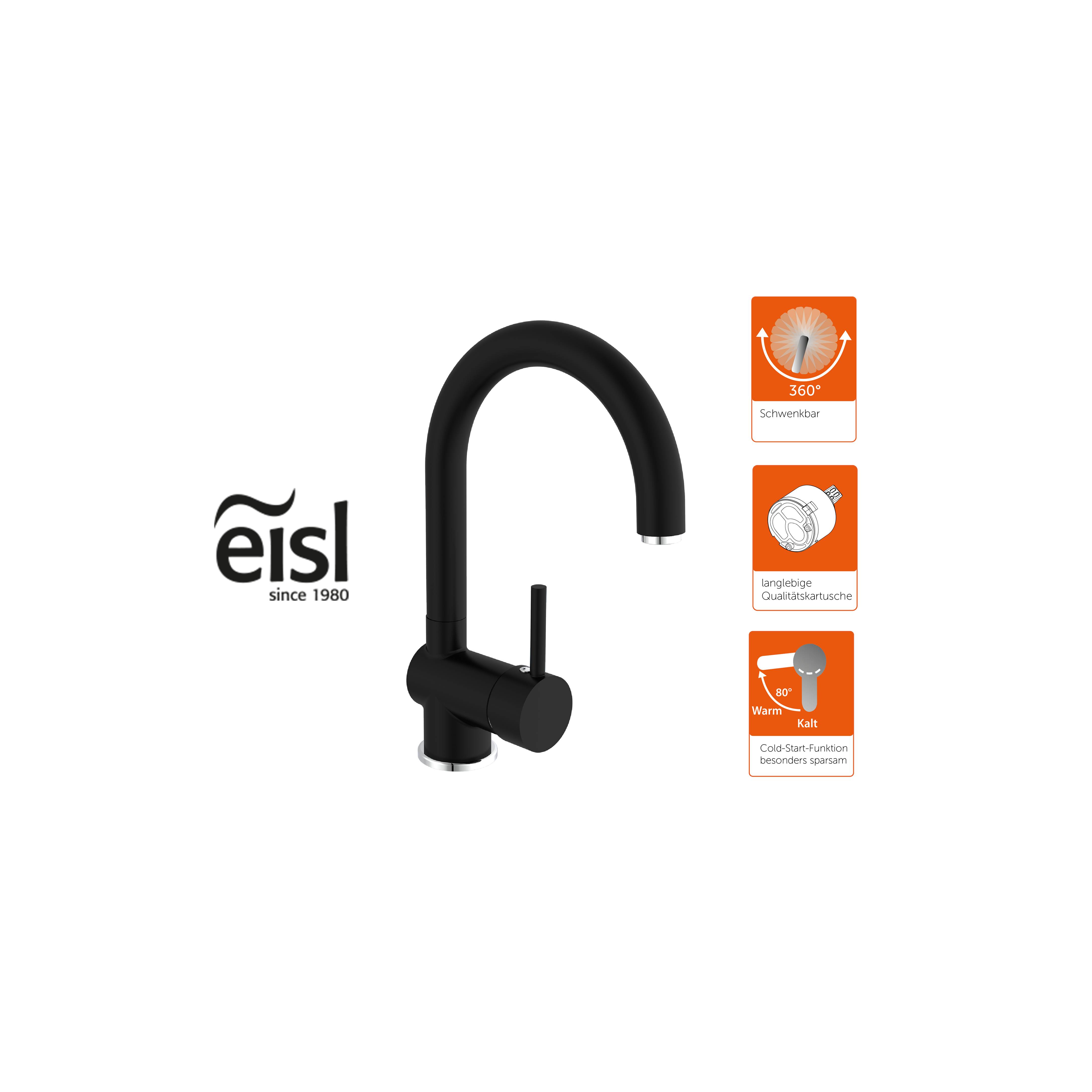 Ein schwarzer Küchenarmatur mit 360-Grad-Schwenkfunktion und Ausziehbrause, neben dem Text 'eisl seit 1980' und Produktmerkmal-Symbolen.
