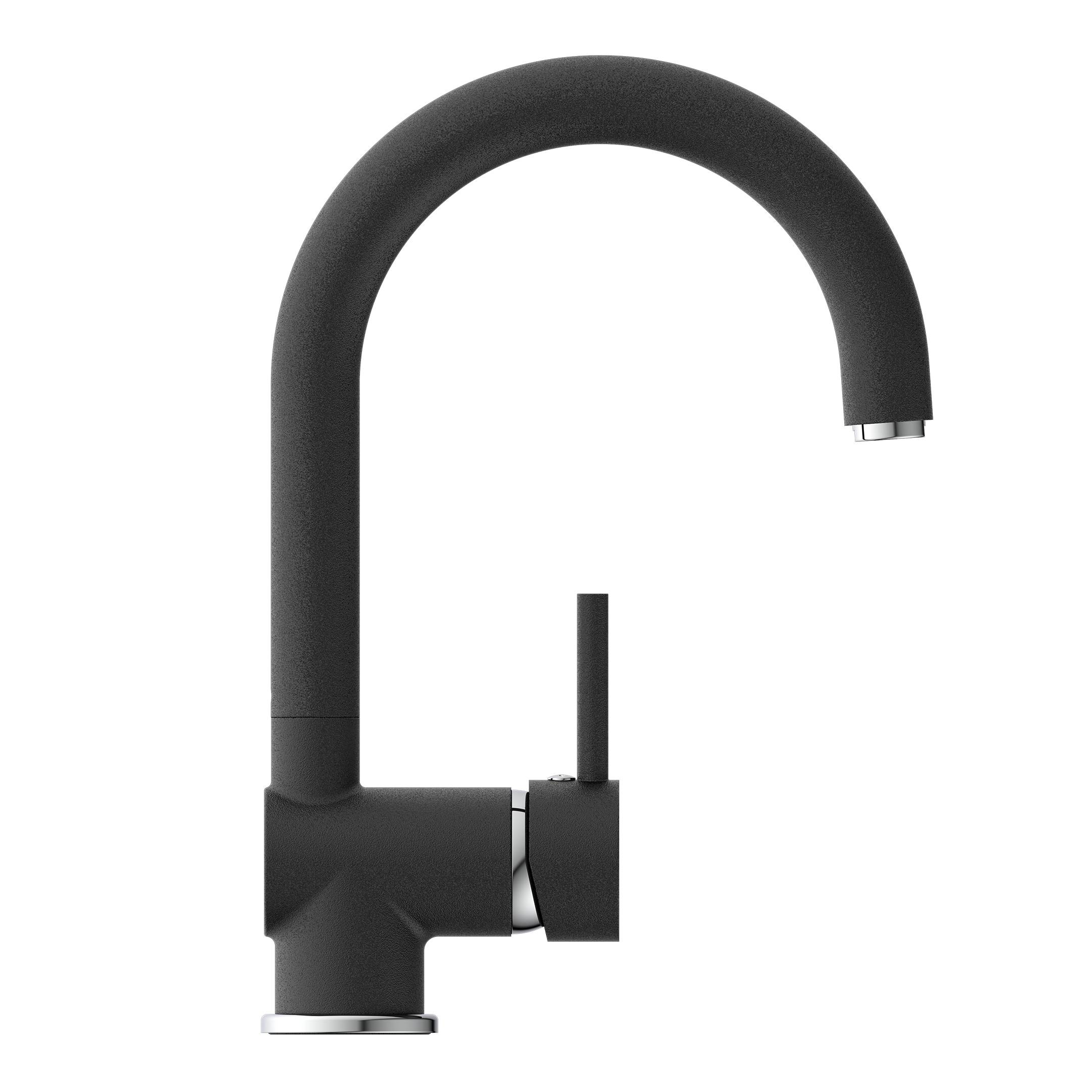Eine elegante, moderne schwarze Küchenarmatur mit geschwungenem Hals und seitlicher Hebelbedienung, vor einem schlichten schwarzen Hintergrund.