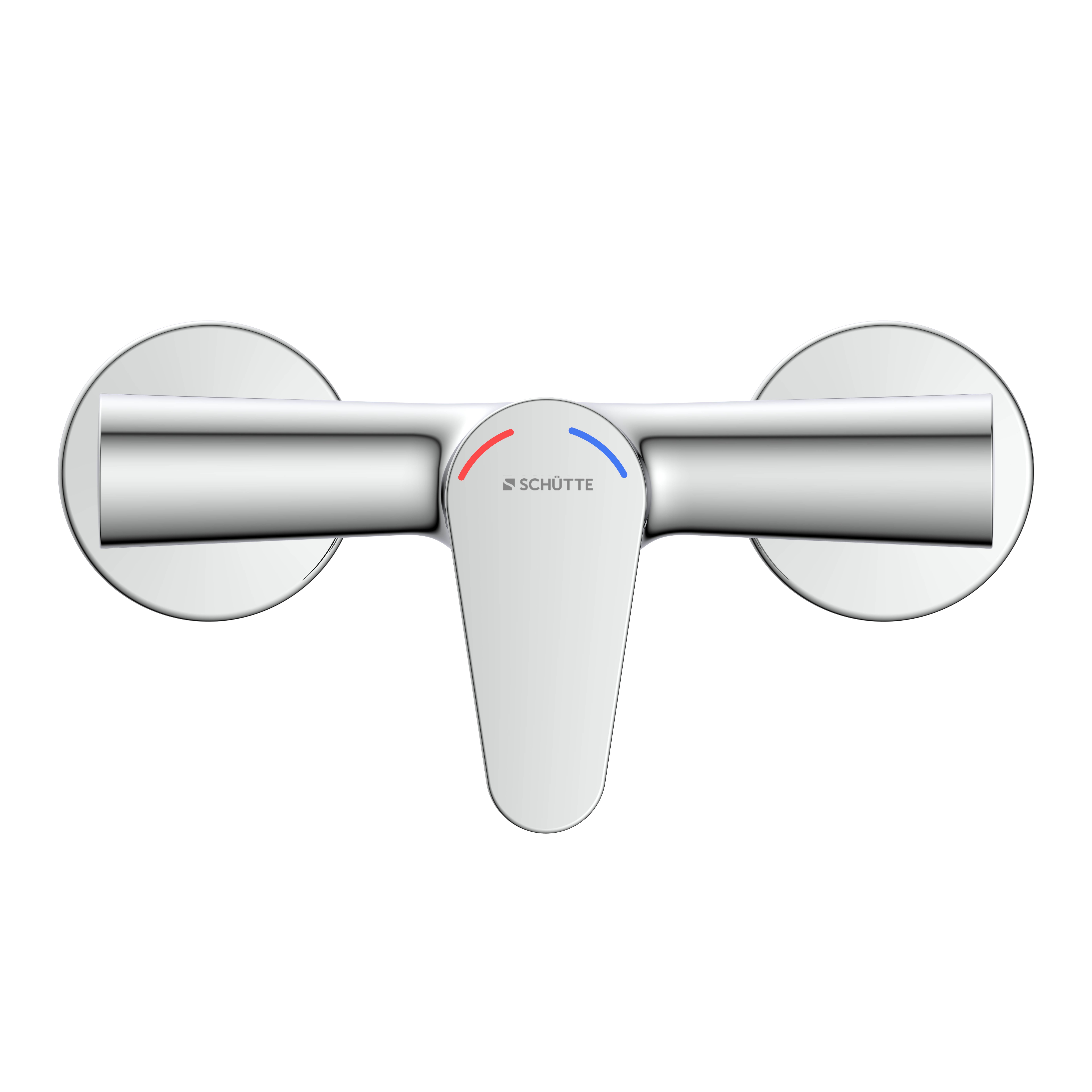 Silbererner Duscharmatur Schütte mit kreisförmigen Bedienelementen, blaue und rote Markierungen für Kalt- und Warmwasser, auf schwarzem Hintergrund.