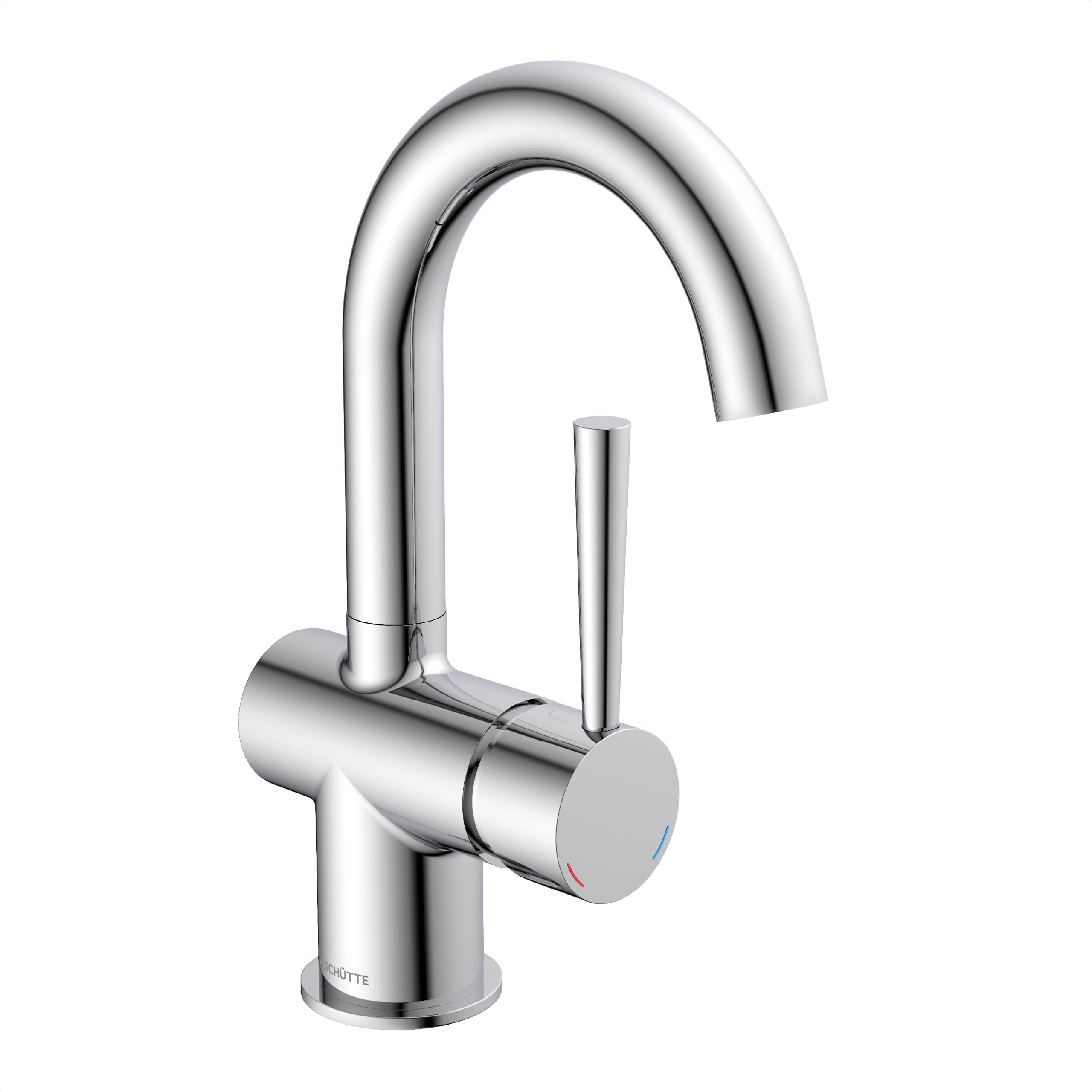 Chrome-Küchenarmatur mit hochgebogenem Auslauf und einseitigem Hebel an weißem Hintergrund.