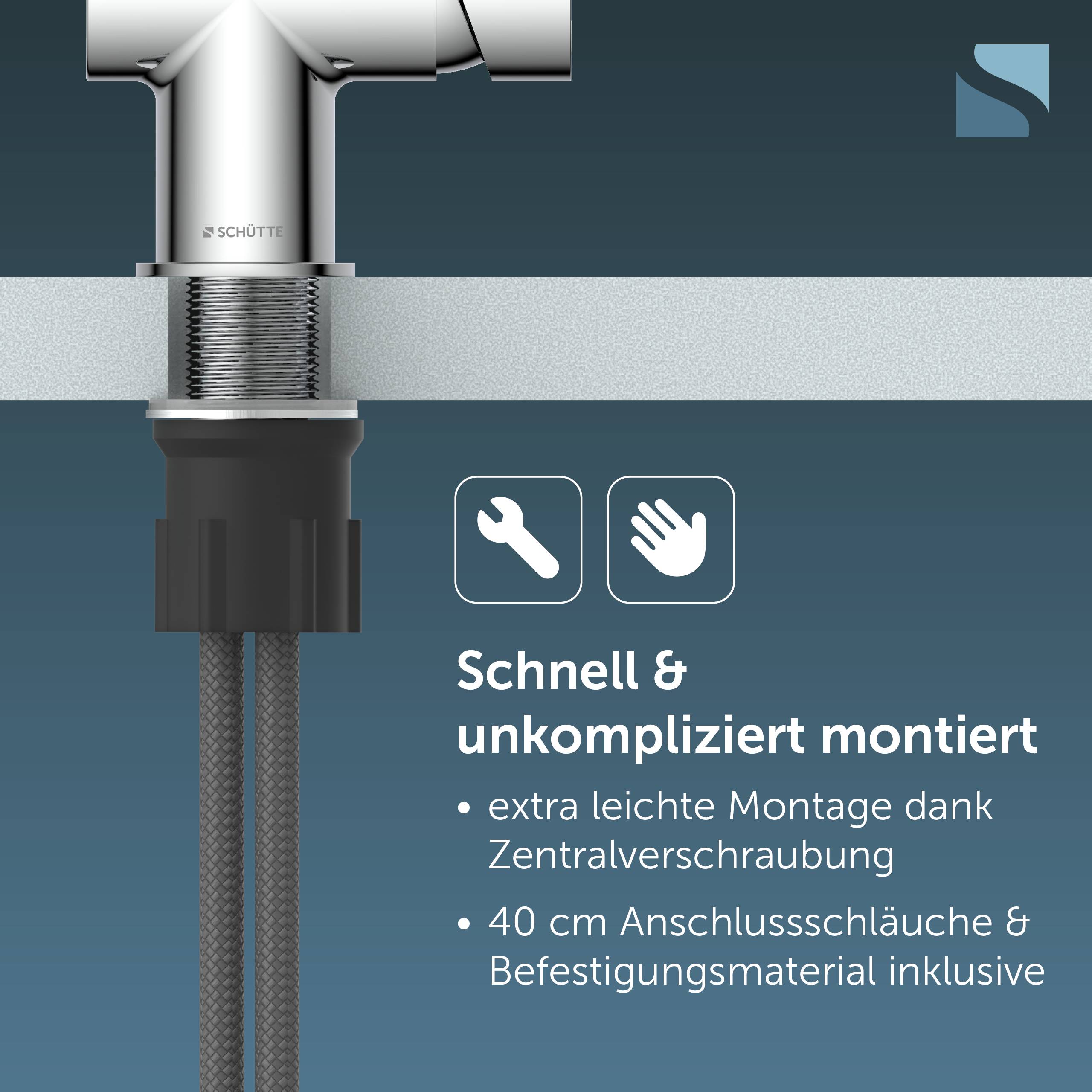 Produktanzeige für eine Wasserhahnadapter-Montage mit schneller, einfacher Installation mit Schraubenschlüssel- und Handsymbolen; deutscher Text besagt „Schnell & unkompliziert montiert" und erwähnt zentrale Schraubenbefestigung und mitgelieferte 40-cm-Schläuche/Material.