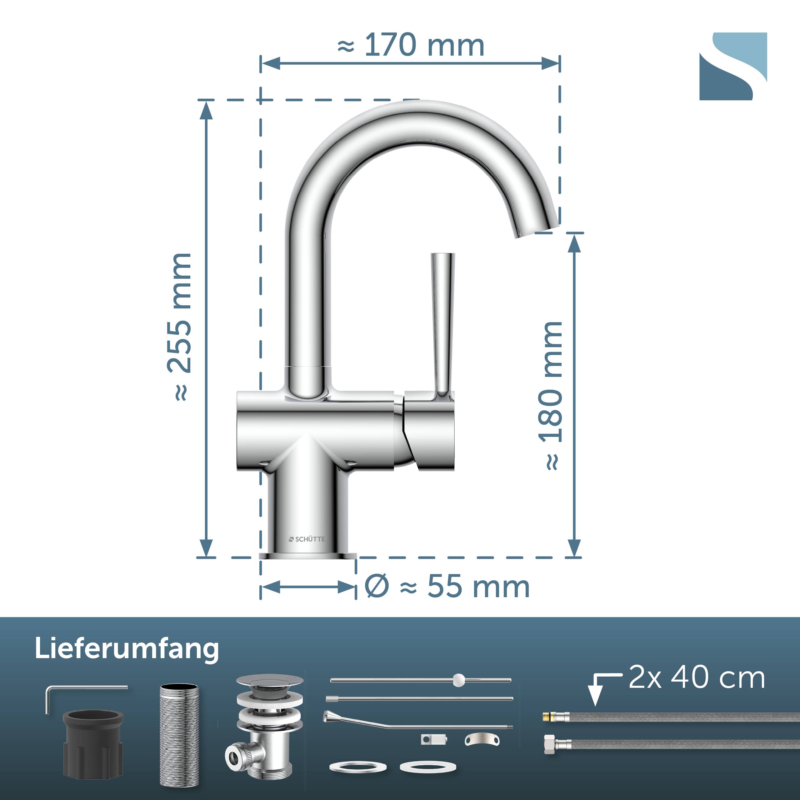 Küchenarmatur mit Abmessungen dargestellt: etwa 170 mm breit, 255 mm hoch und 180 mm Auslaufhöhe; enthält Lieferumfang mit Ablaufteilen, Schläuchen und Verbindungsstücken.