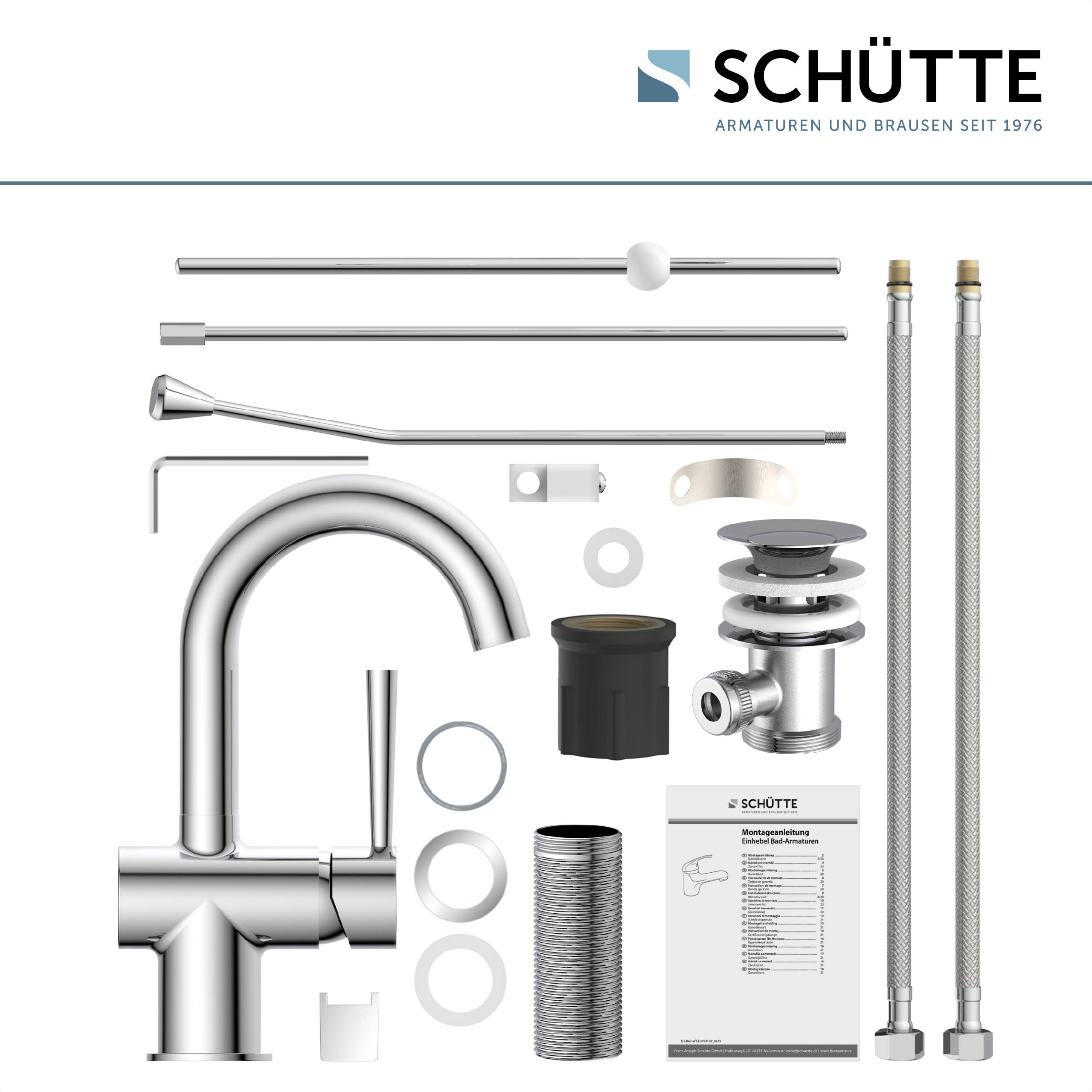 Wasserhahn-Set für Waschbecken mit verchromtem Wasserhahn, Schläuchen und Installationsteilen vor weißem Hintergrund. Marke: Schütte.